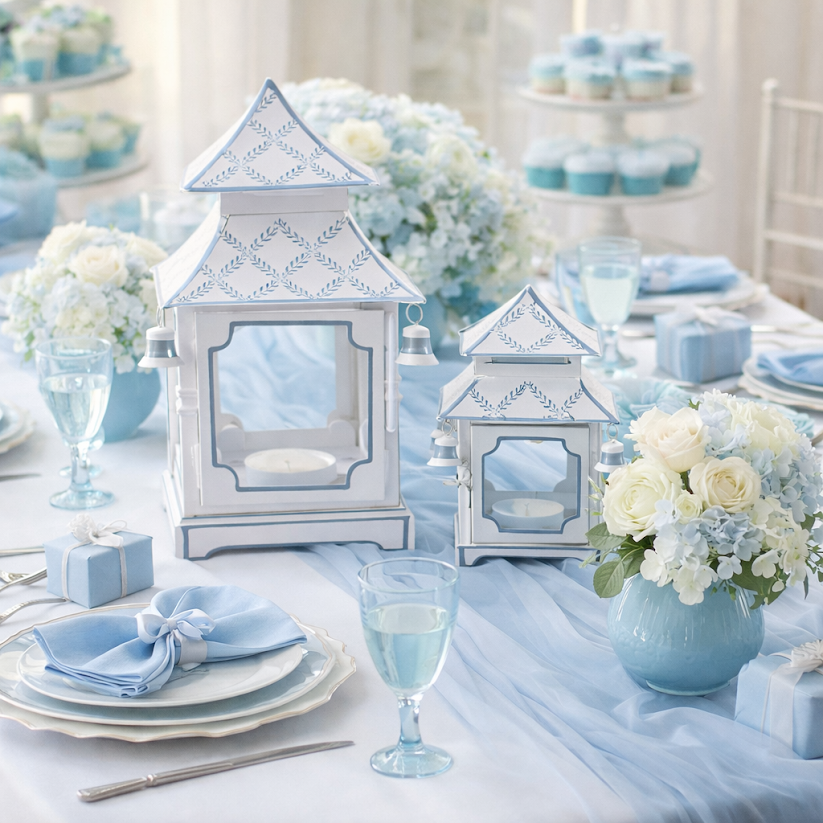 White with Blue Trellis Pagoda Lantern (4 Sizes)