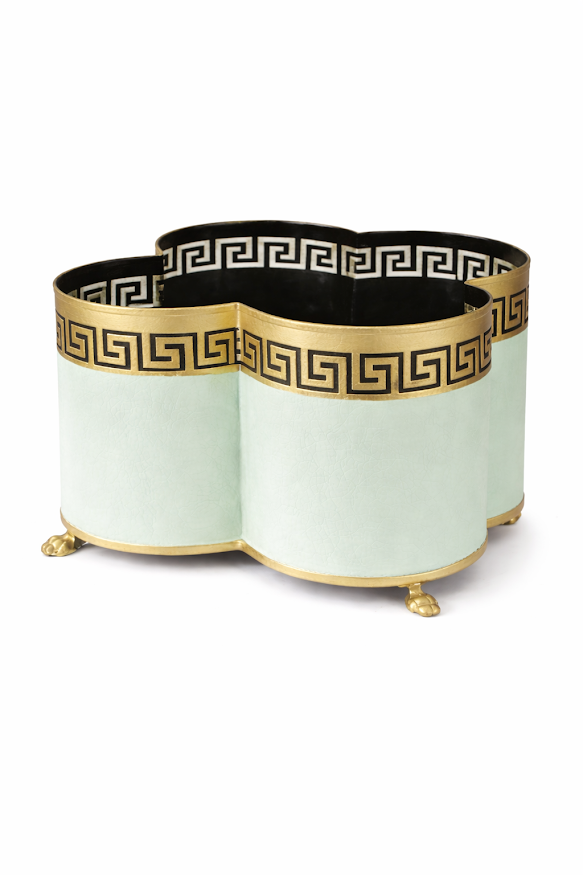 Pale Green & Gold Greek Key Quatrefoil Planter