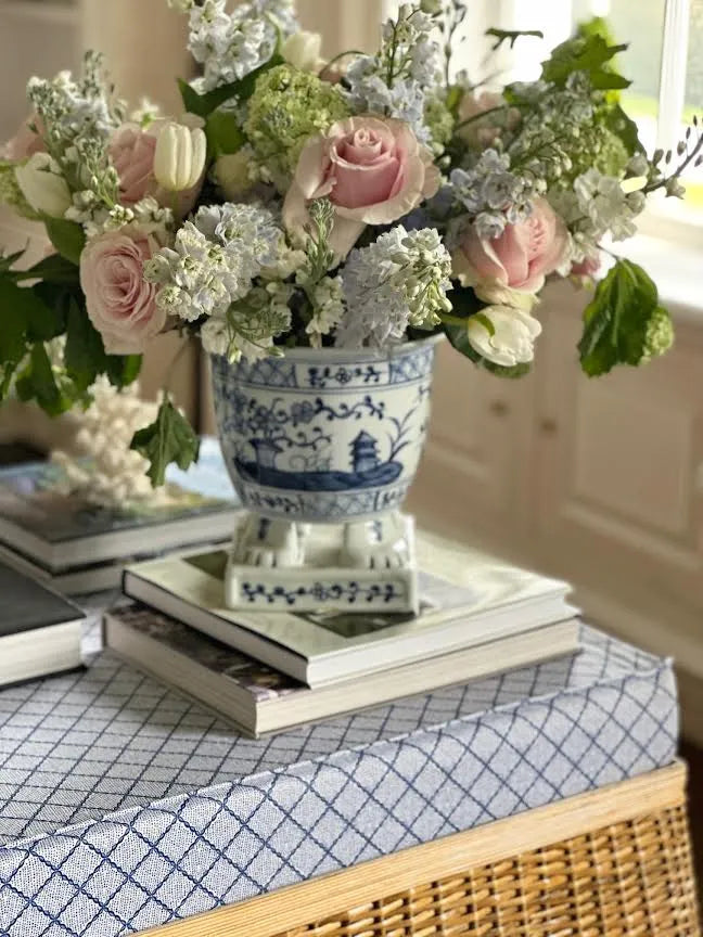 Footed Planter in Dark Blue and White with Village Scene Design - The Mayfair Hall