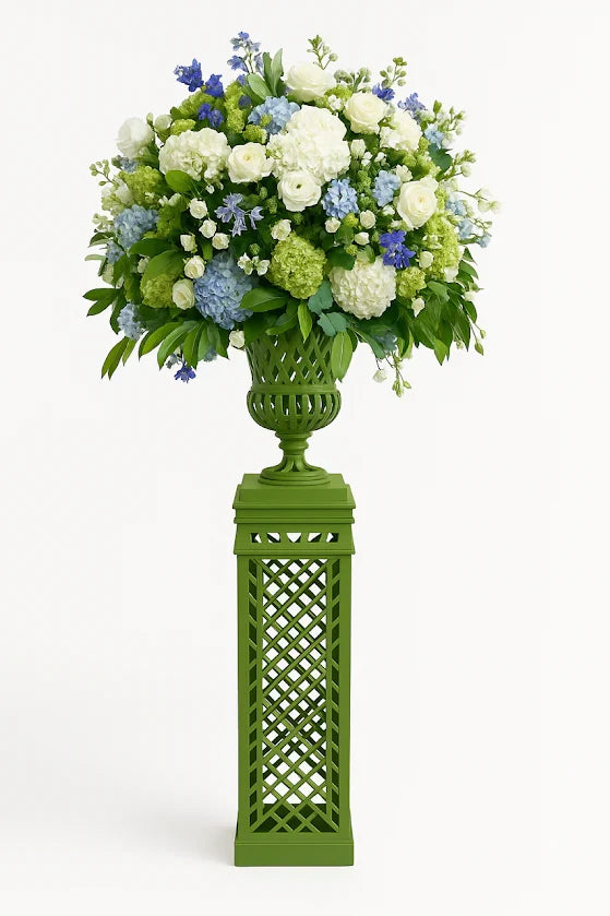 Green Fretwork Cast Aluminum Urn and Pedestal
