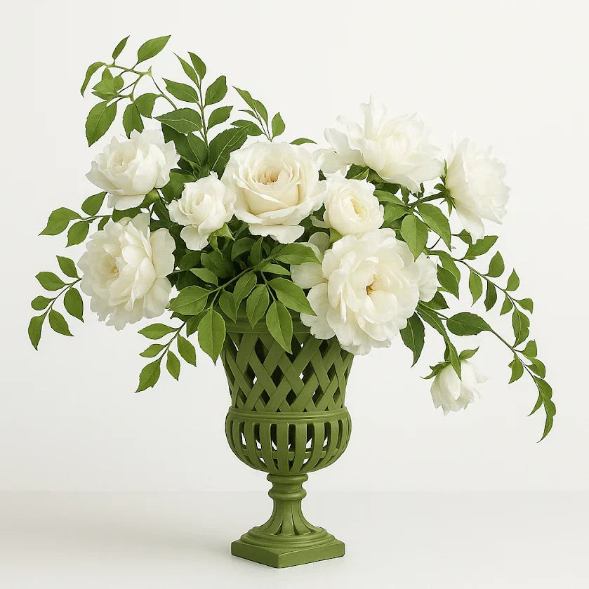 Green Fretwork Cast Aluminum Urn and Pedestal