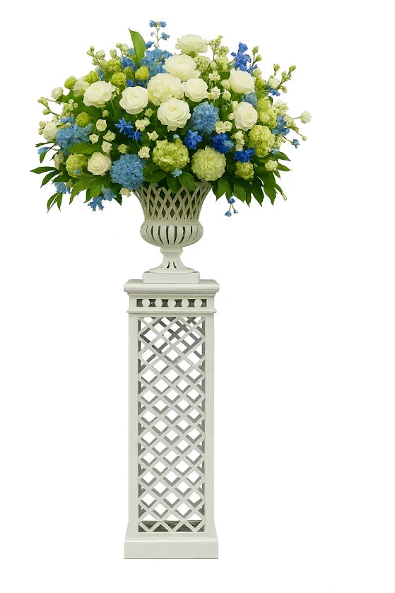 White CAST ALUMINUM FRETWORK URN and Pedestal