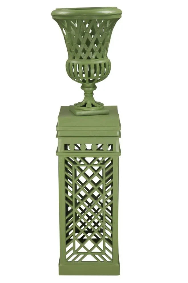 Green Fretwork Cast Aluminum Urn and Pedestal