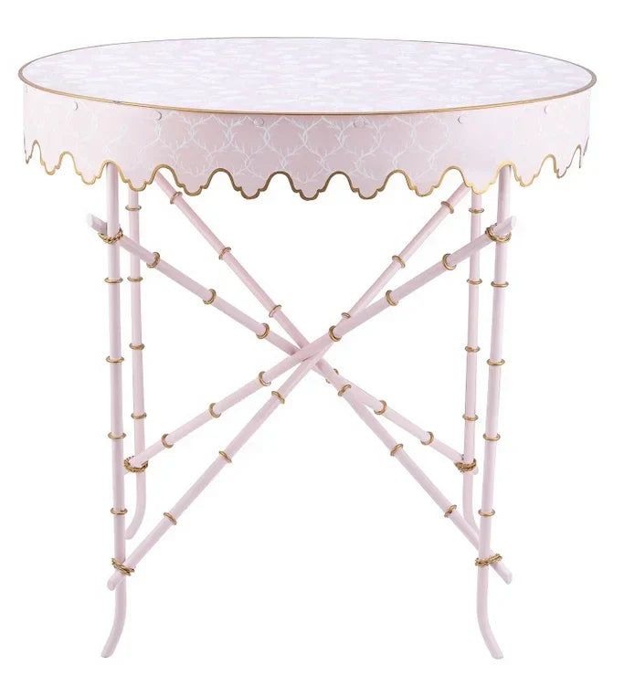 Pink & White Trellis Oval Scalloped Table - The Mayfair Hall