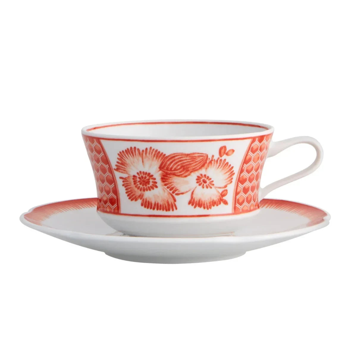 Coralina Porcelain Tea Cup and Saucer in White and Red (Set of 4) - The Mayfair Hall