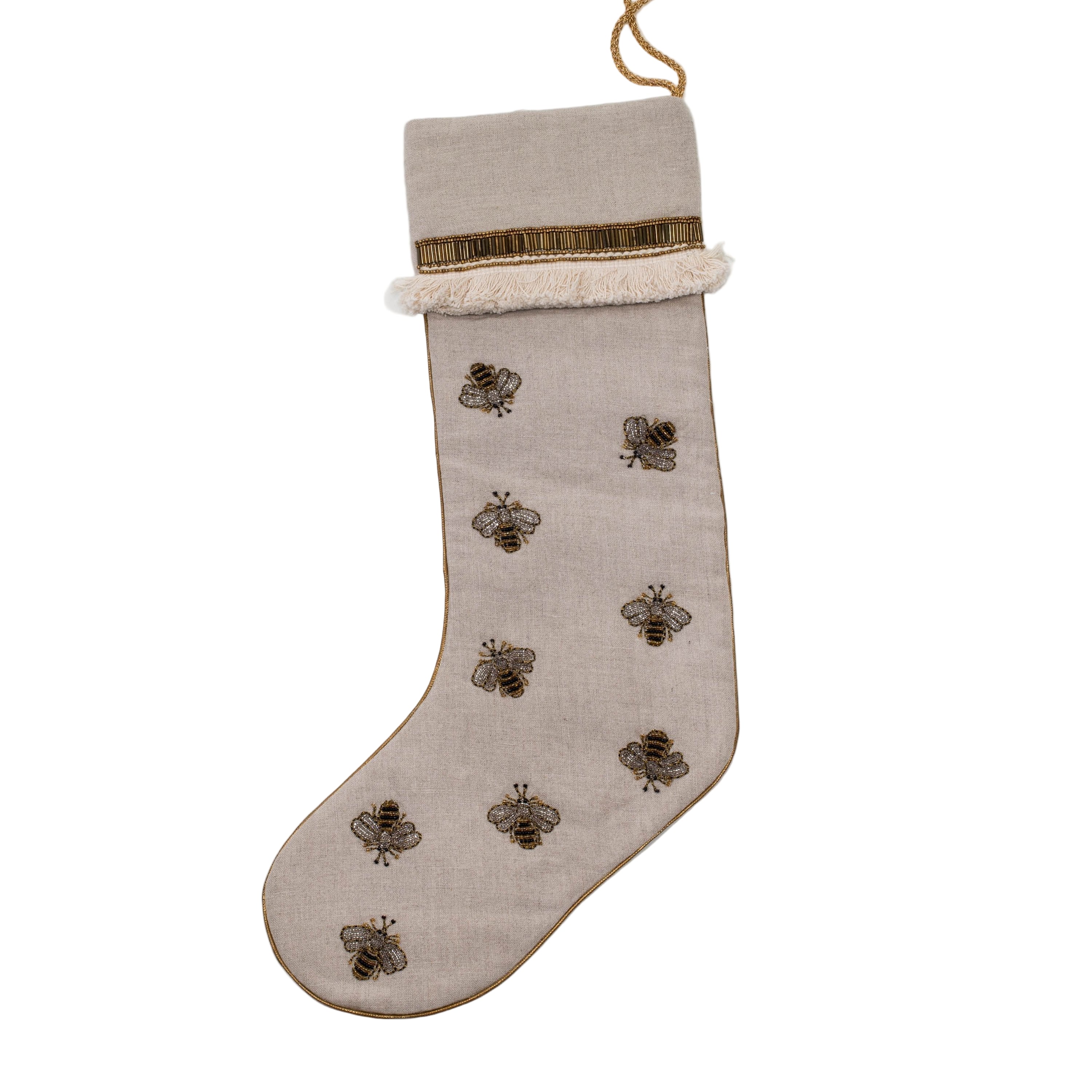 Bee Embroidered Taupe Velvet Stocking