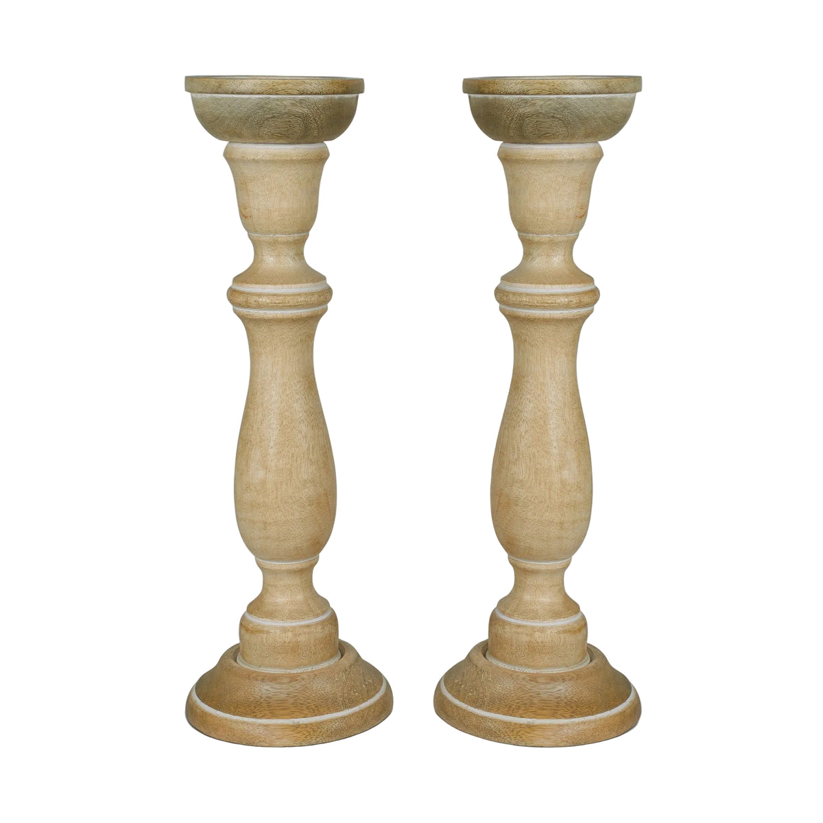 Tuli Mango Wood Pillar Candleholders in Rustic White by Mela Artisans — Set of 2, 15 in