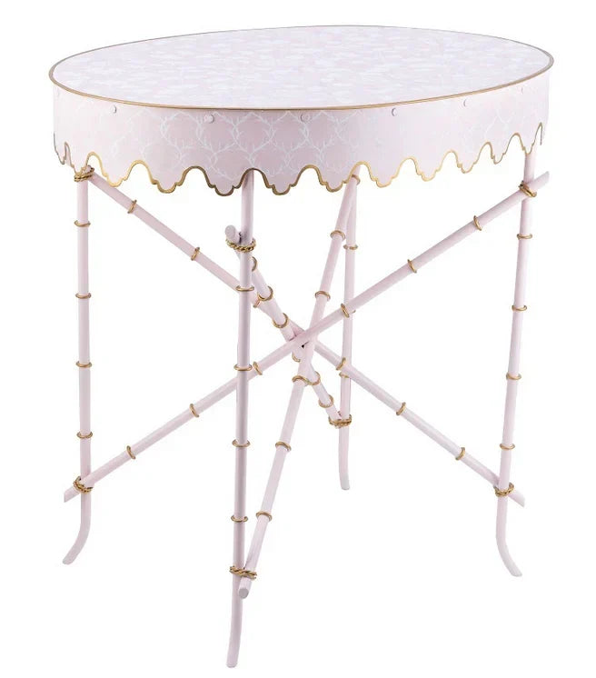 Pink & White Trellis Oval Scalloped Table - The Mayfair Hall
