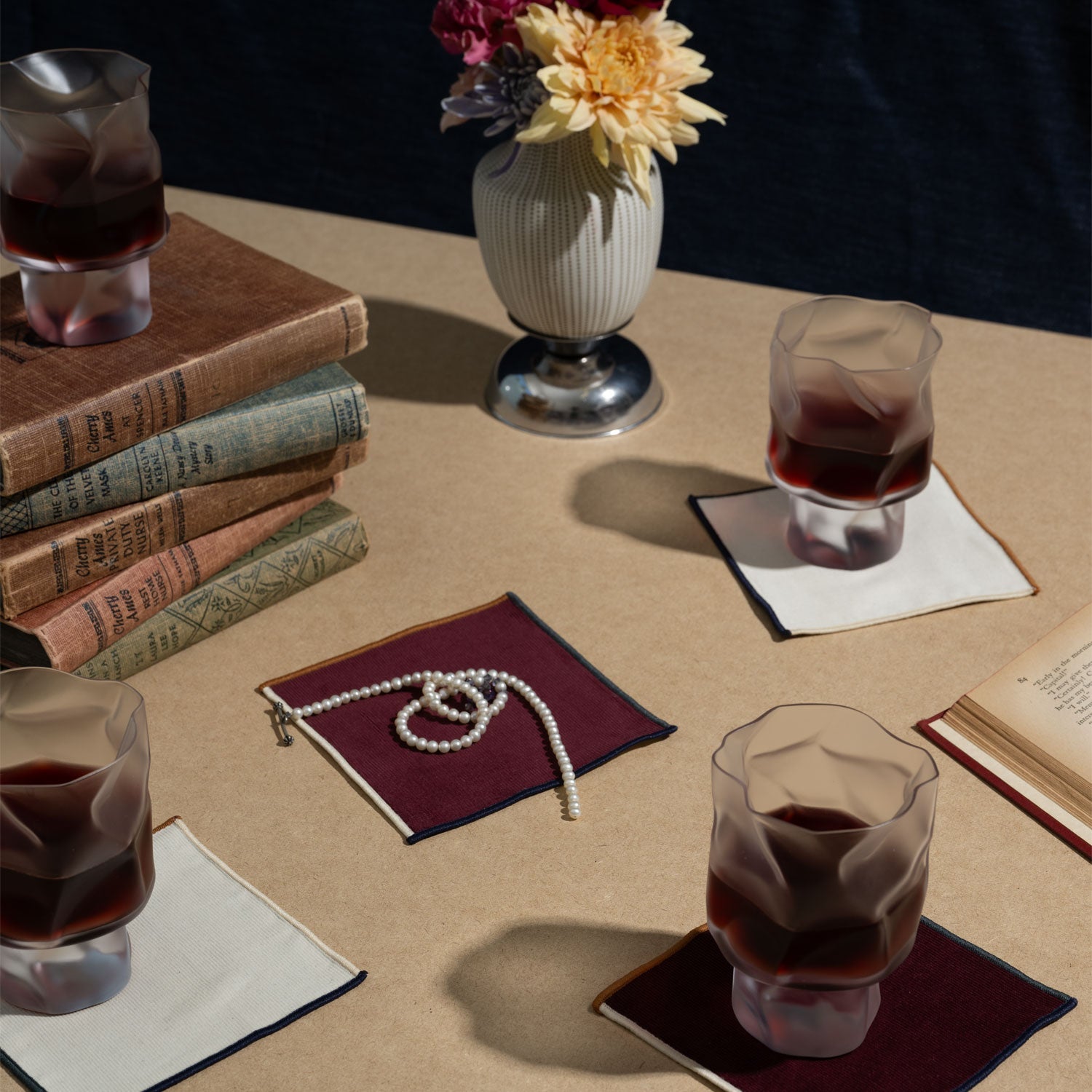Clubhouse Cocktail Napkins in Cream and Burgundy (Set of 4)