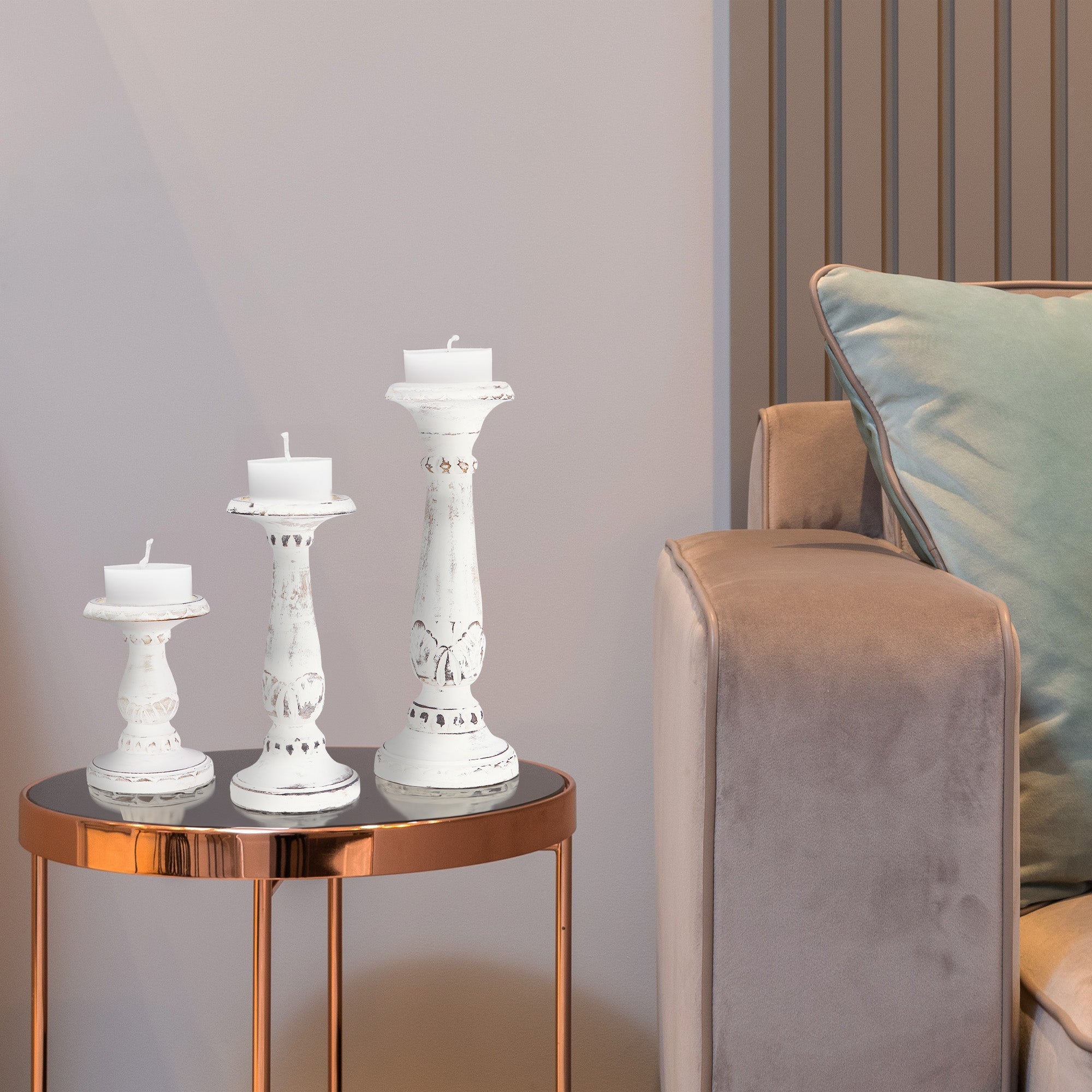 Pakshi Rustic White Pillar Candleholder Set