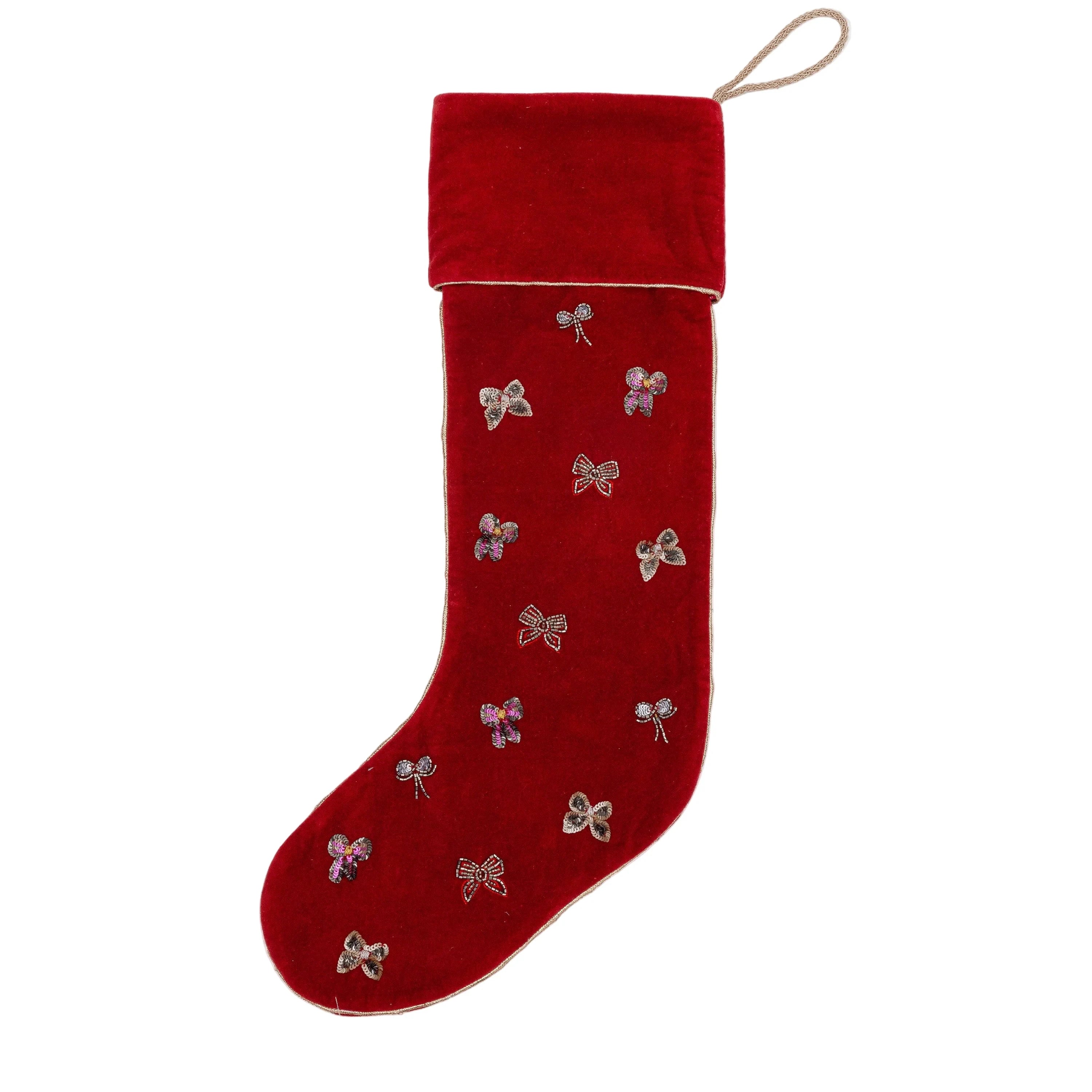 Bow Embroidered Red Velvet Stocking