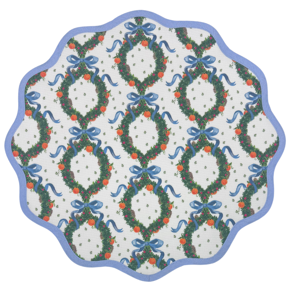 Round Scalloped Placemat | Holiday Wreath - Cornflower Blue