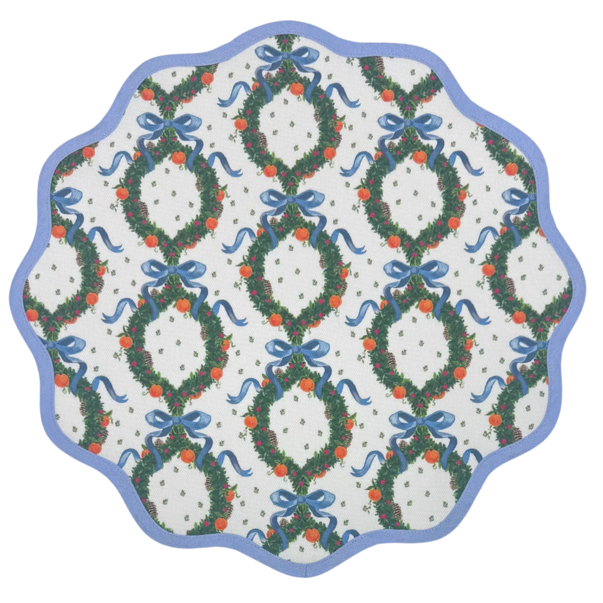 Round Scalloped Placemat | Holiday Wreath - Cornflower Blue