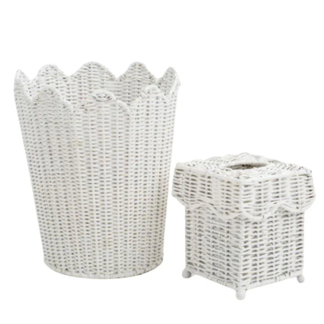 White SCALLOPED WICKER WASTEPAPER BASKET & TISSUE HOLDER - The Mayfair Hall