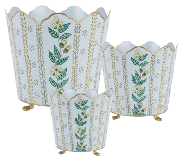 Pale Blue & Gold Floral Bucket Planter (3 Sizes)