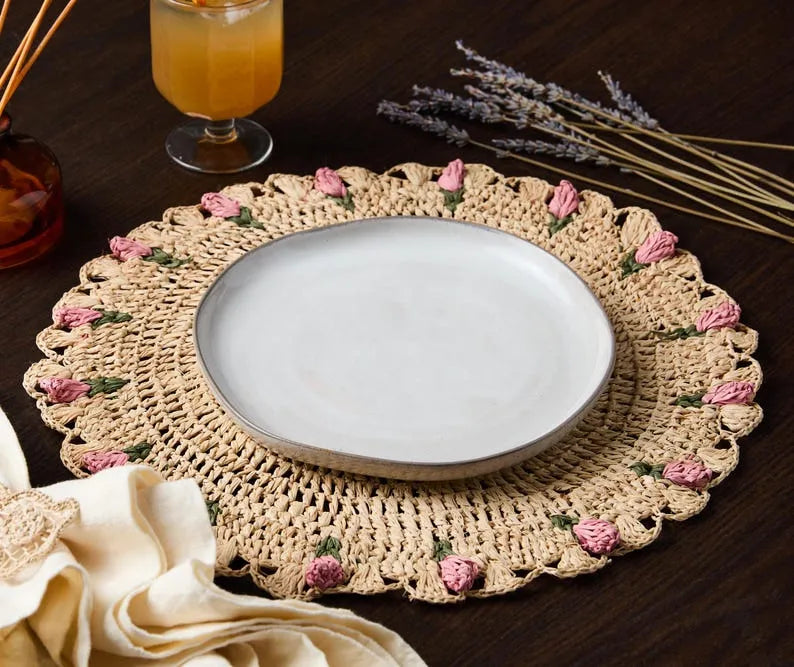 Tulip Floral Placemats – Hand-Crocheted Raffia Palm Floral Placemats – Spring Table Decor - The Mayfair Hall