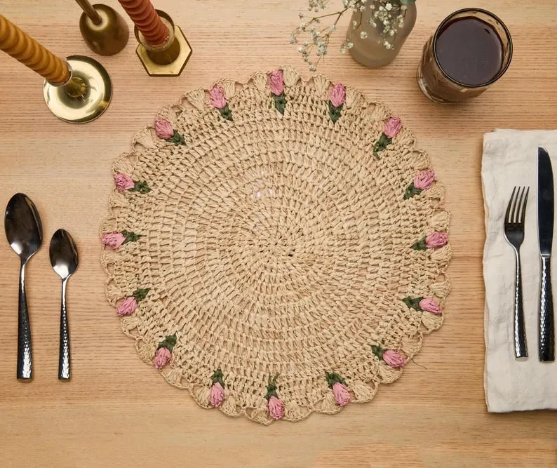 Tulip Floral Placemats – Hand-Crocheted Raffia Palm Floral Placemats – Spring Table Decor - The Mayfair Hall