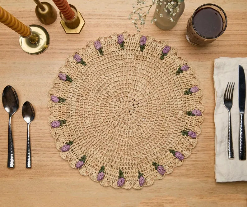 Tulip Floral Placemat – Hand-Crocheted Raffia – Spring Table Decor – Easter Table Setting – Handmade by Artisans in Madagascar - The Mayfair Hall