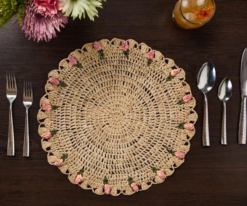 Tulip Floral Placemats – Hand-Crocheted Raffia Palm Floral Placemats – Spring Table Decor - The Mayfair Hall