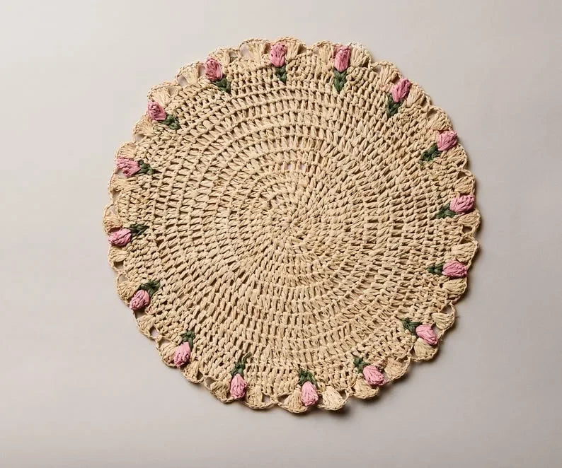 Tulip Floral Placemats – Hand-Crocheted Raffia Palm Floral Placemats – Spring Table Decor - The Mayfair Hall