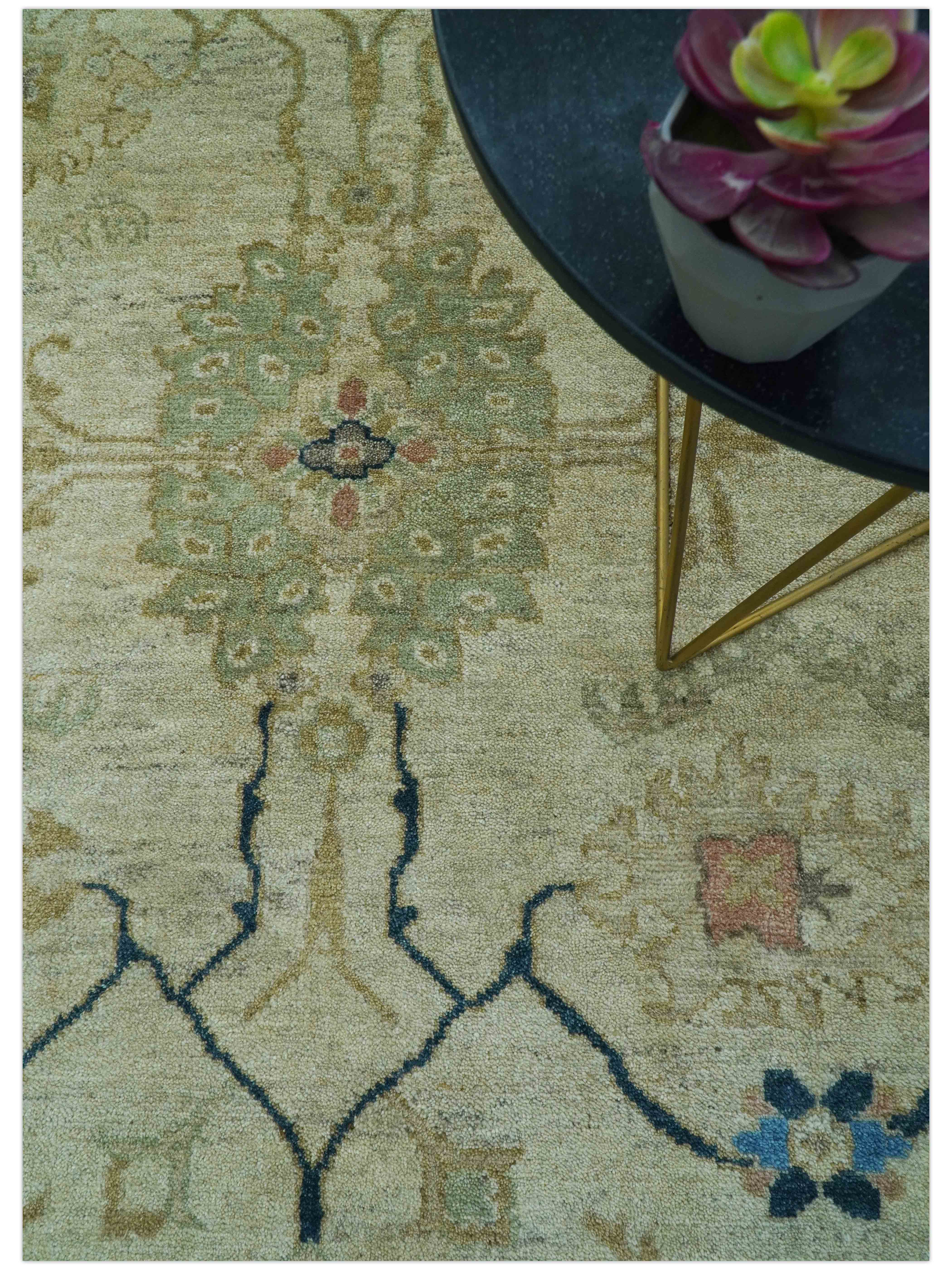 Custom Made Hand Knotted Beige and Blue Traditional Turkish Wool Rug