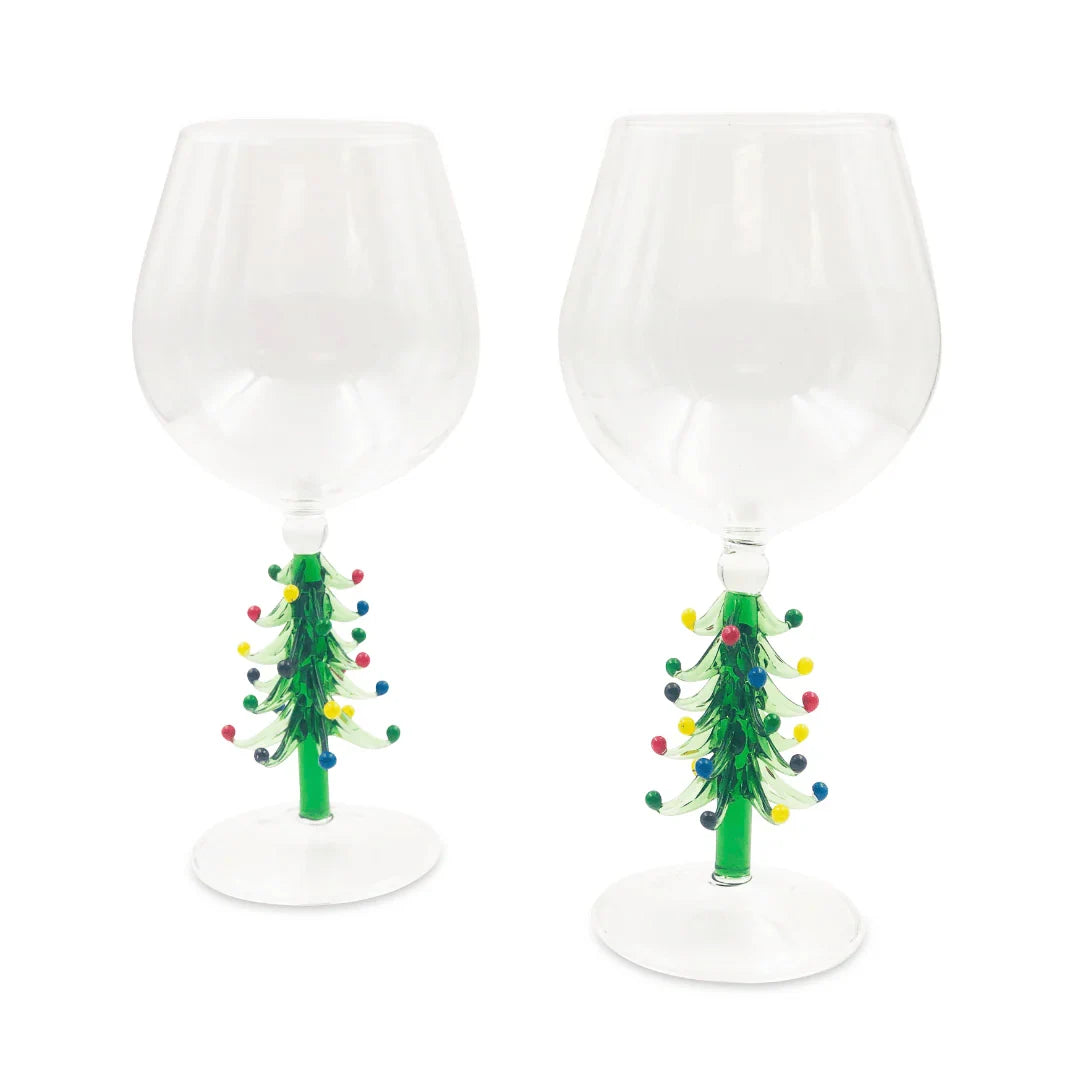 Christmas Tree Handblown Wine Glasses