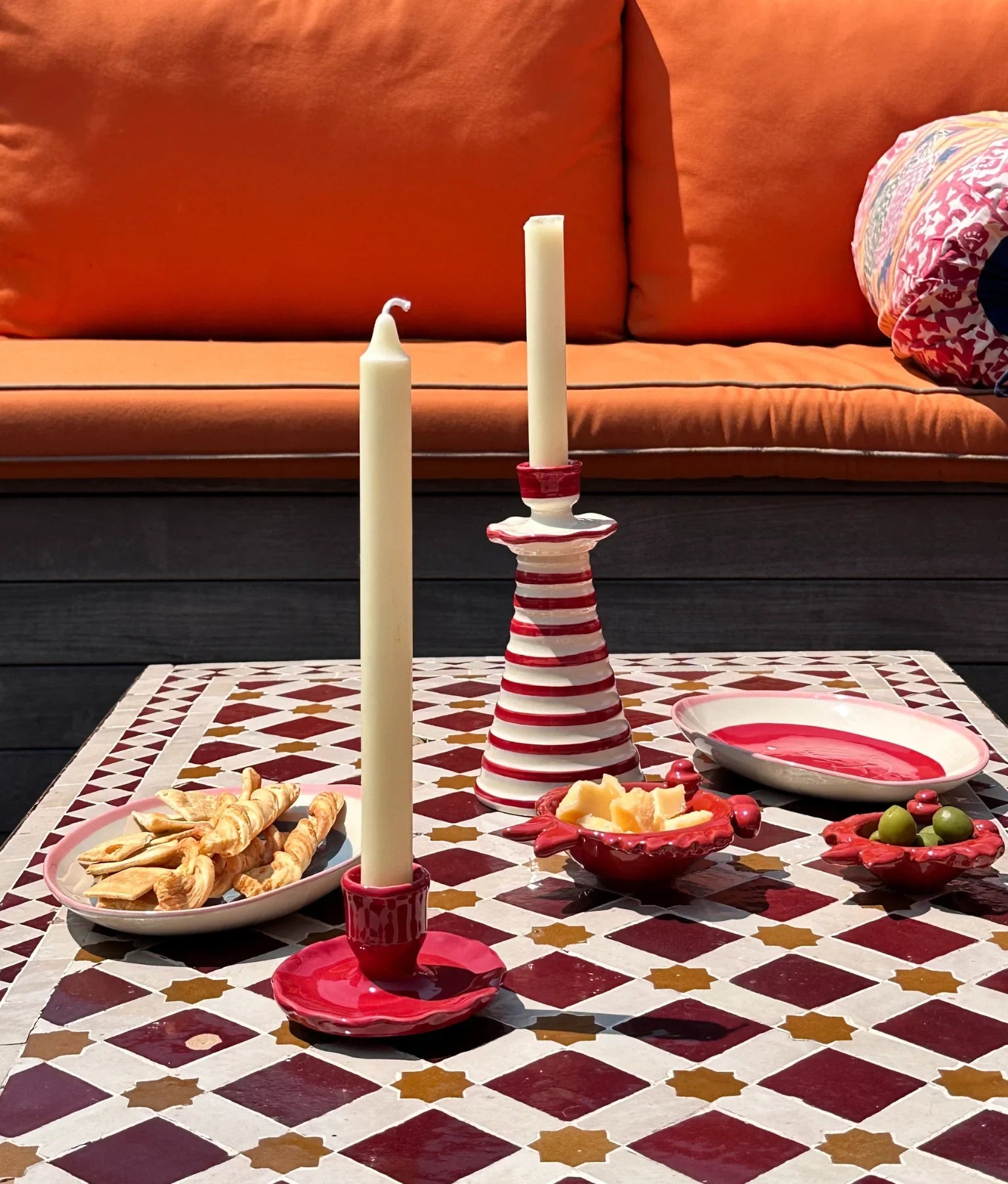 Crimson Red Stripe Ruffle Candleholder