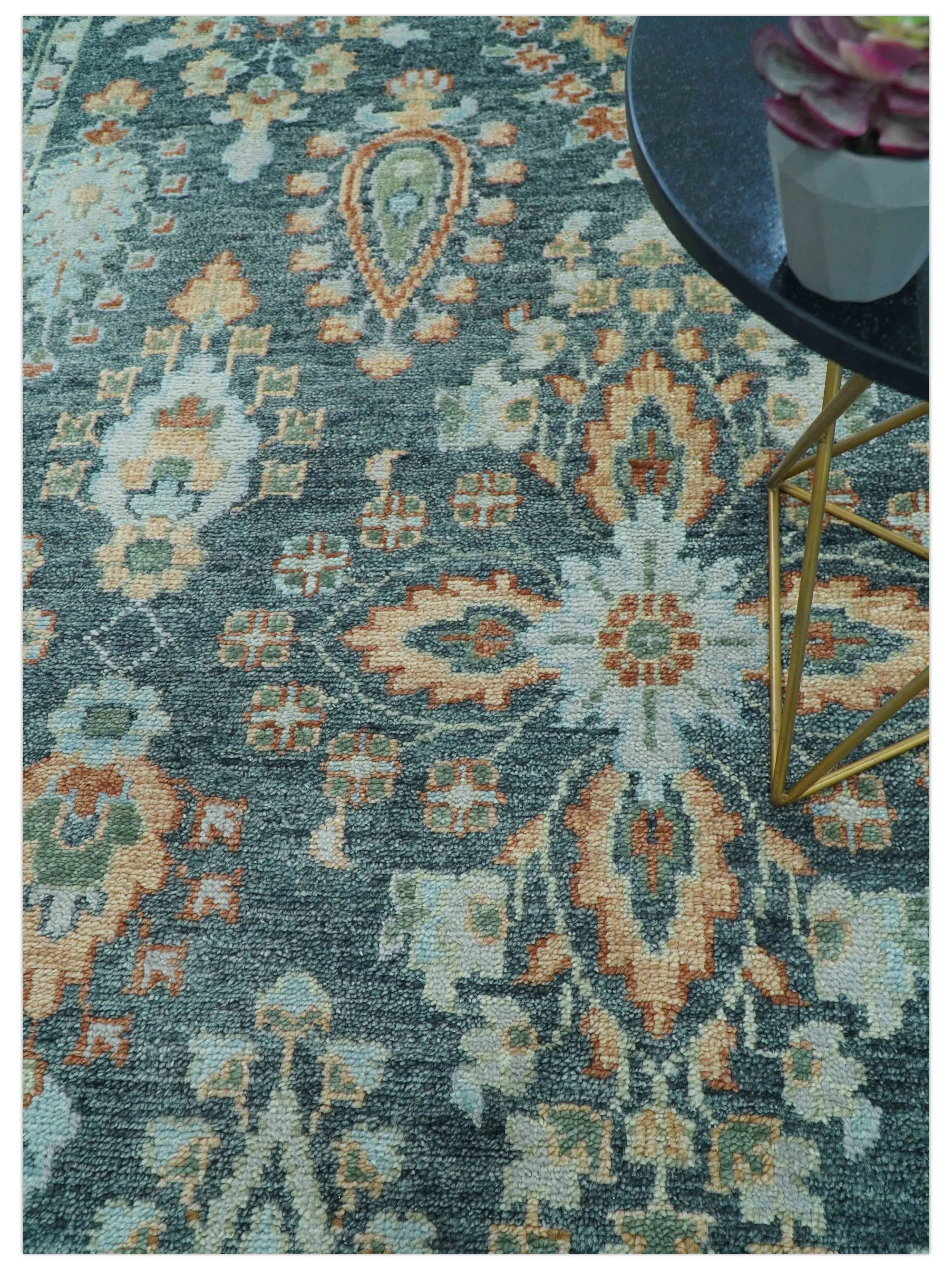 Custom Made Antique Hand Knotted Charcoal and Blue Traditional Oushak Design Wool Rug