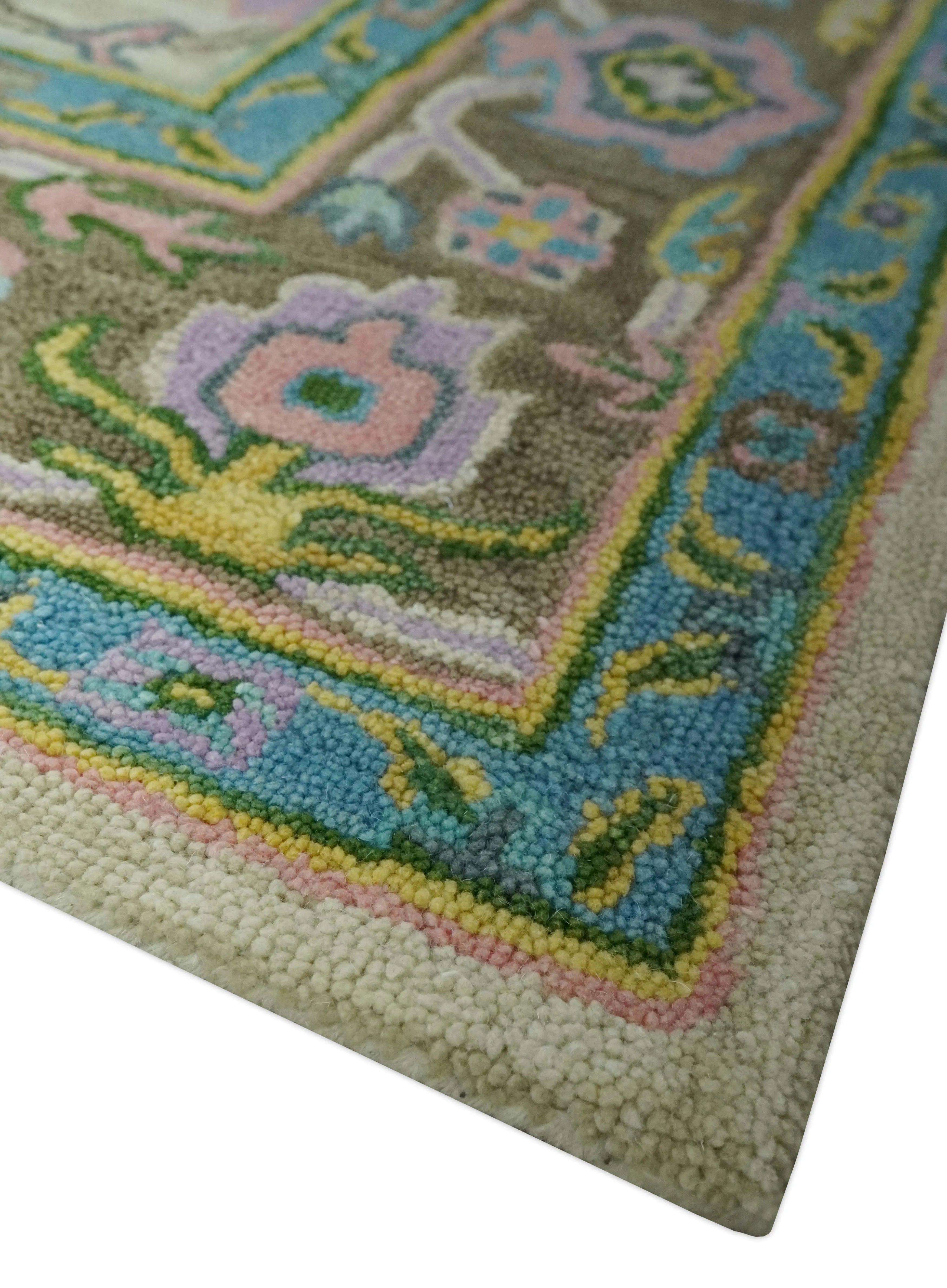 Floral Beige, Blue, and Purple Traditional Hand Tufted Custom Made Wool Rug