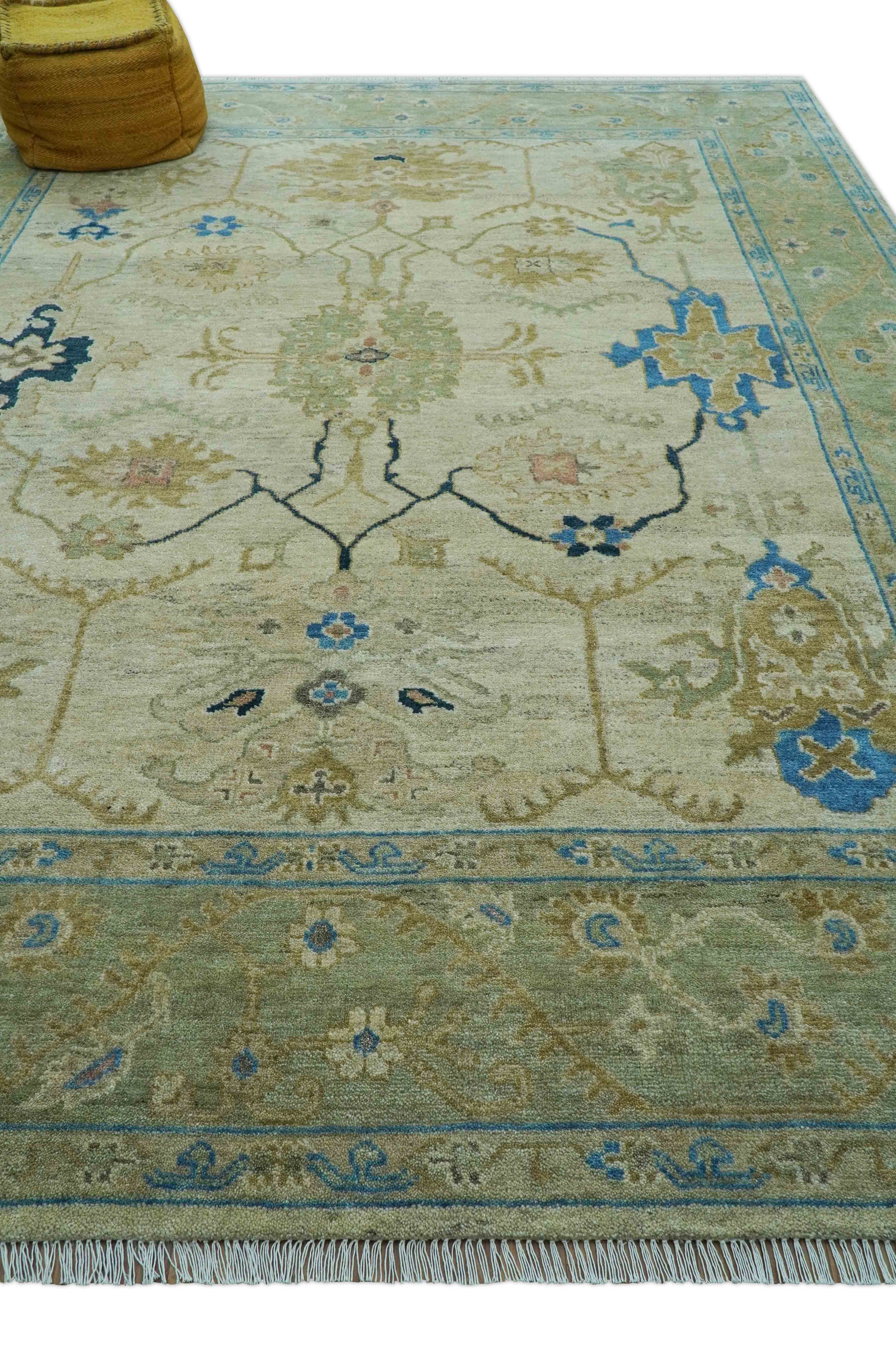 Custom Made Hand Knotted Beige and Blue Traditional Turkish Wool Rug
