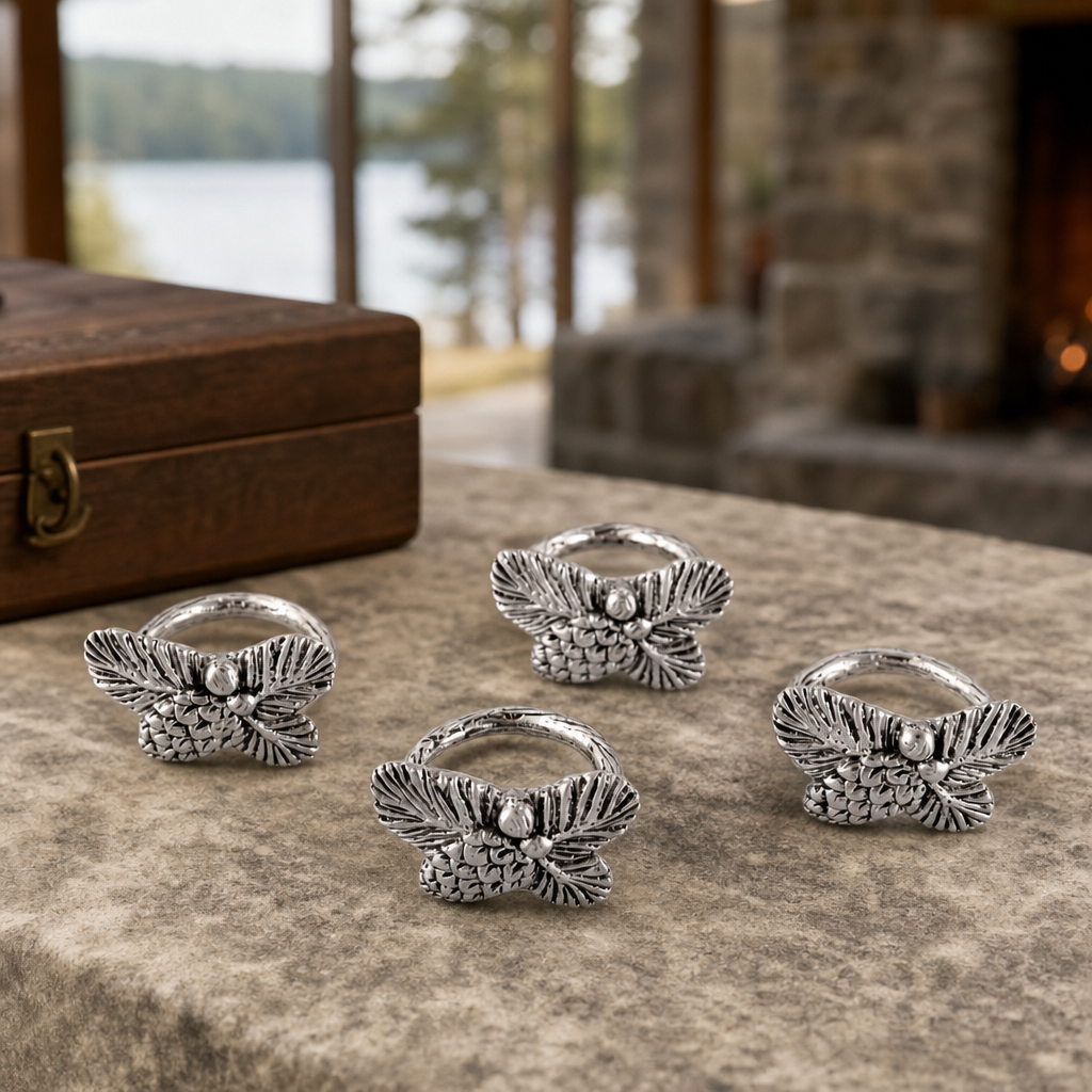 Pine Cone Forest Pattern Napkin Rings Set of 4