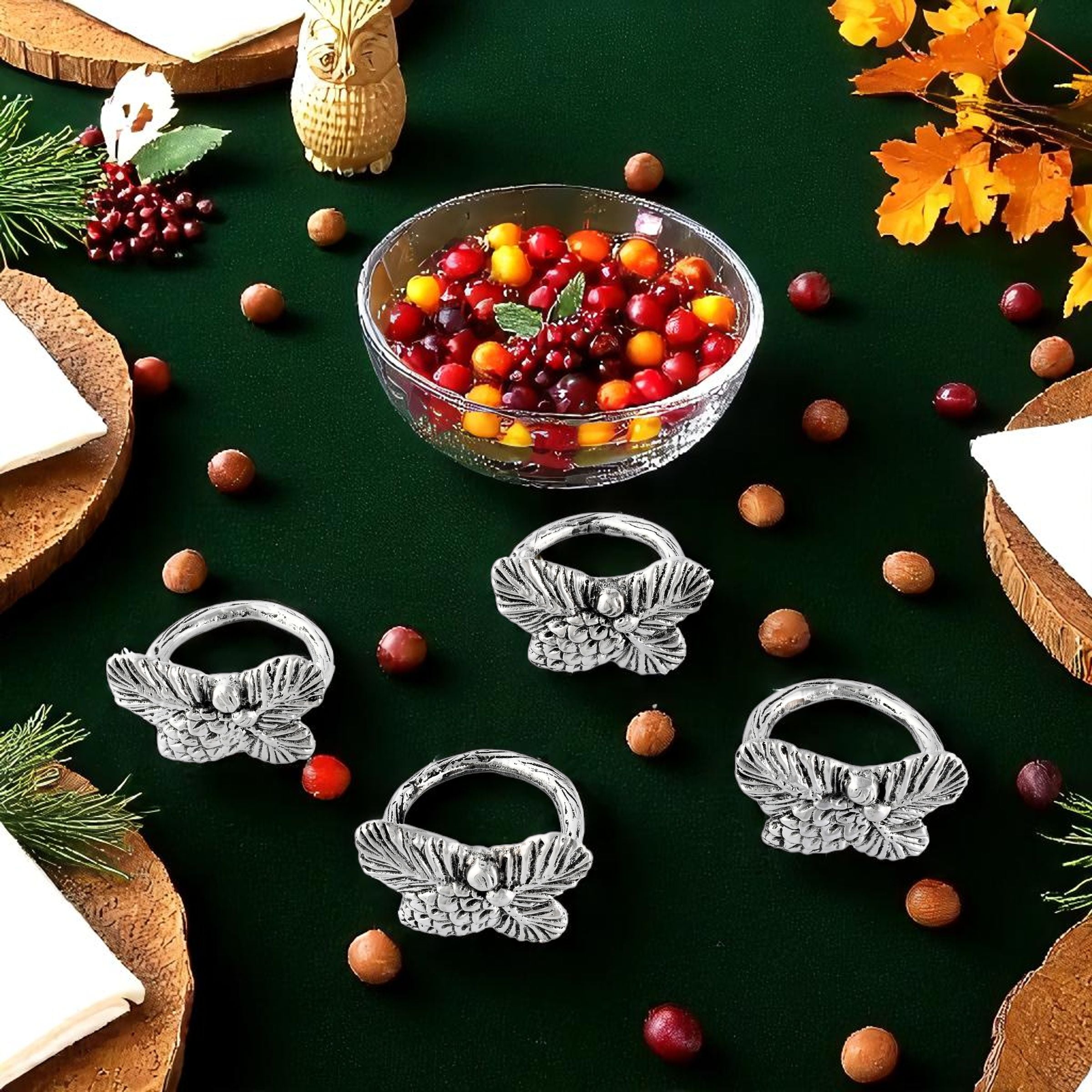 Pine Cone Forest Pattern Napkin Rings Set of 4