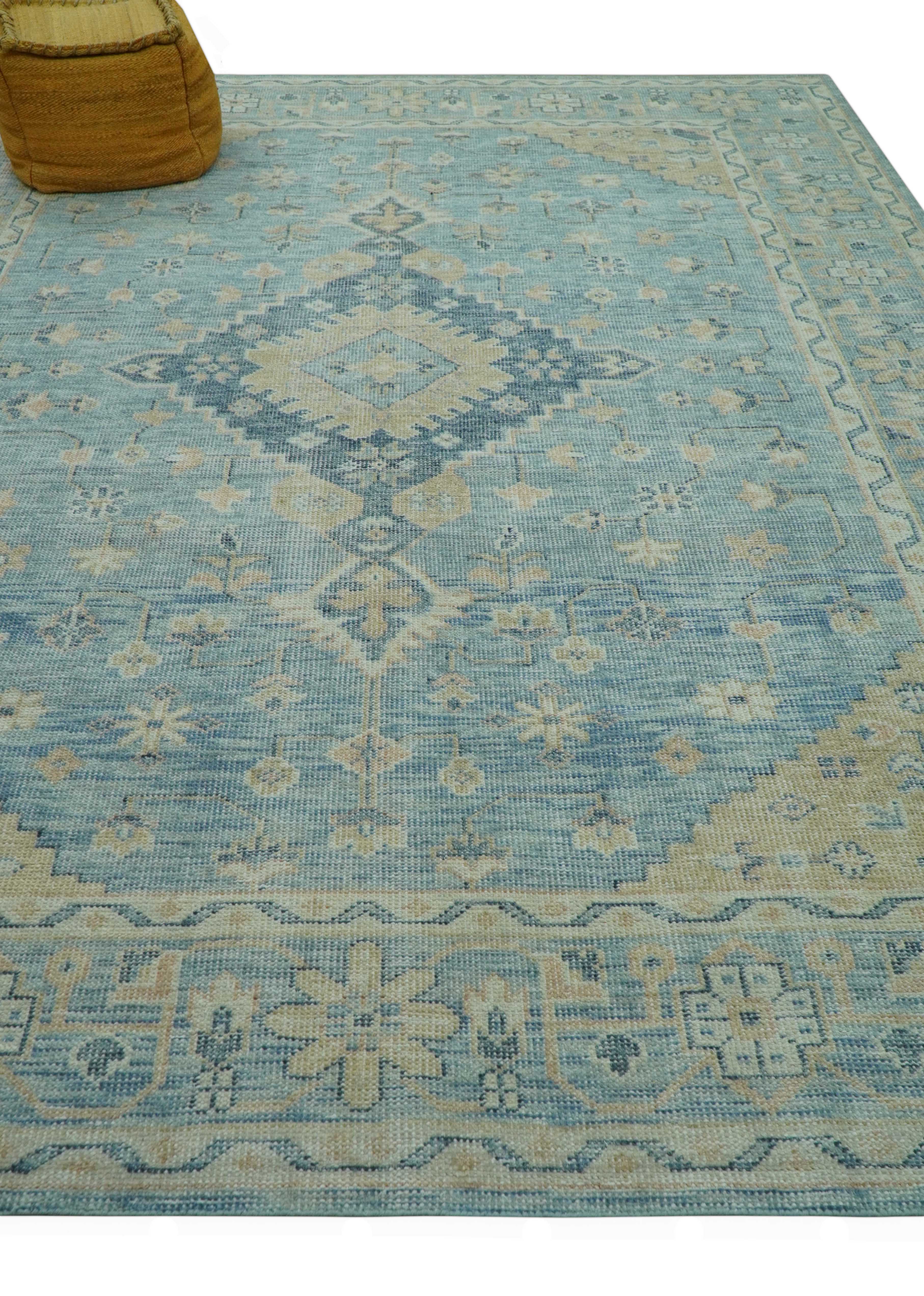 Traditional Turkish Design Blue And Beige Hand Knotted Wool Area Rug