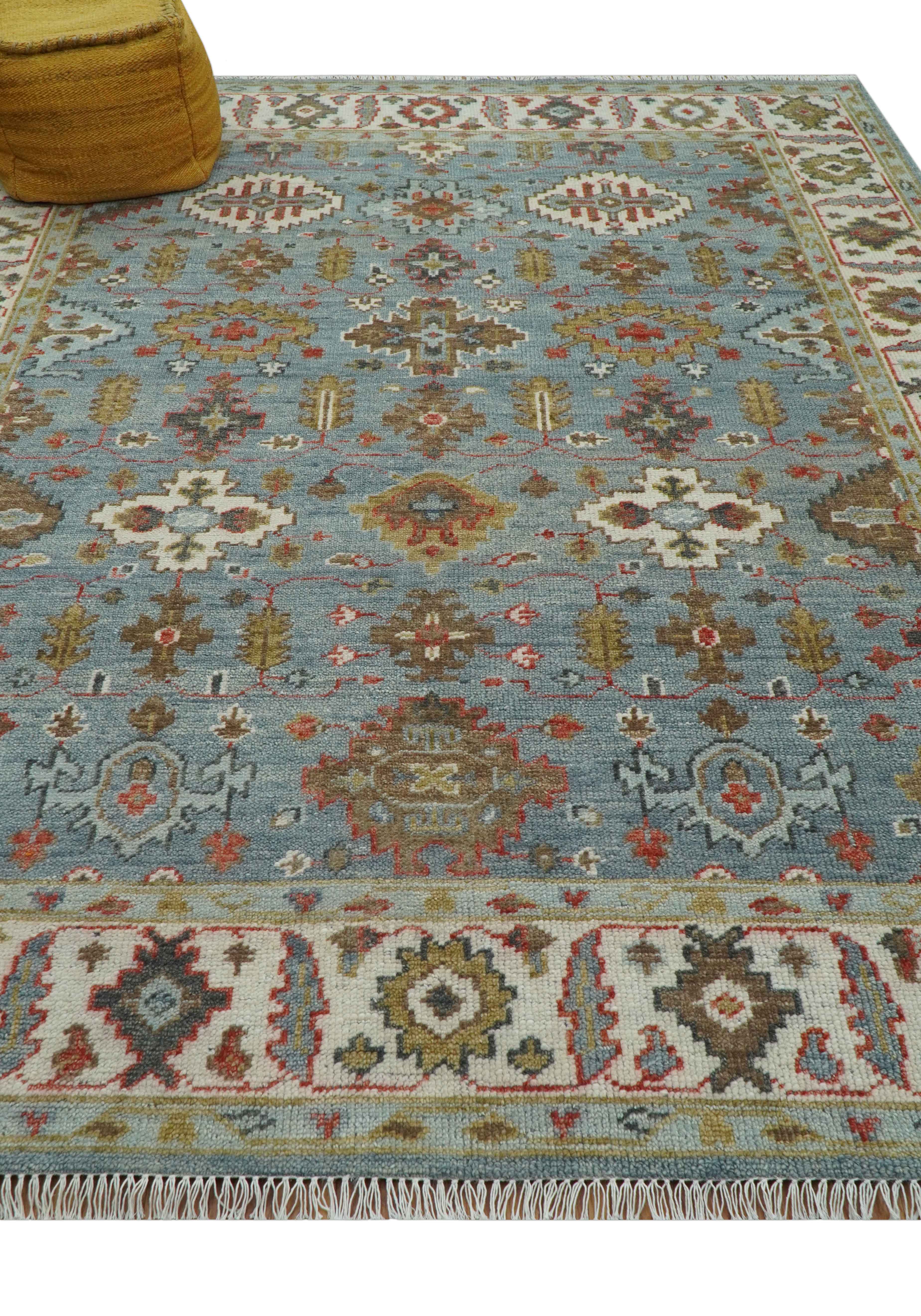 Custom Made Blue And Beige Traditional Hand Knotted Wool Area Rug