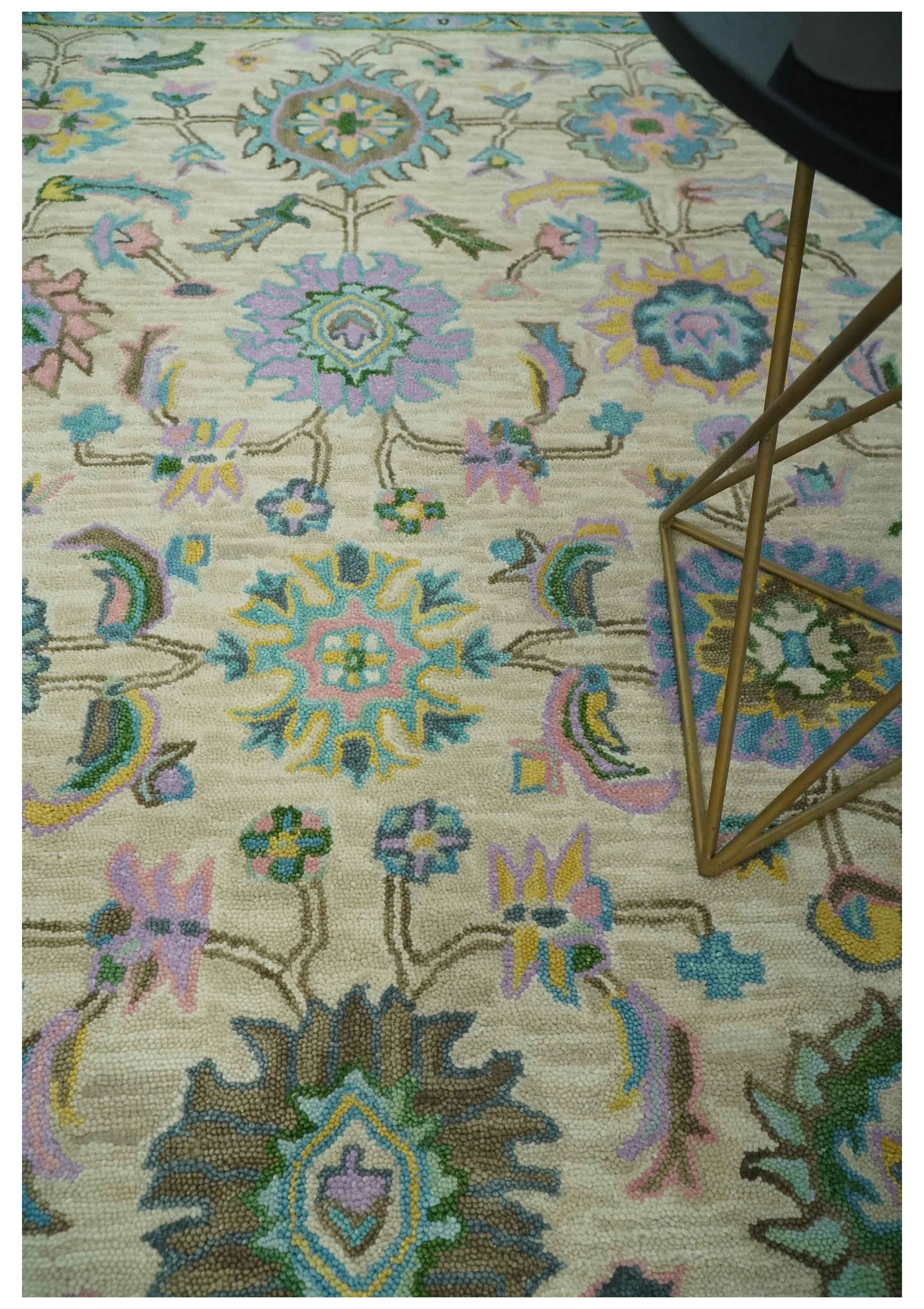 Floral Beige, Blue, and Purple Traditional Hand Tufted Custom Made Wool Rug
