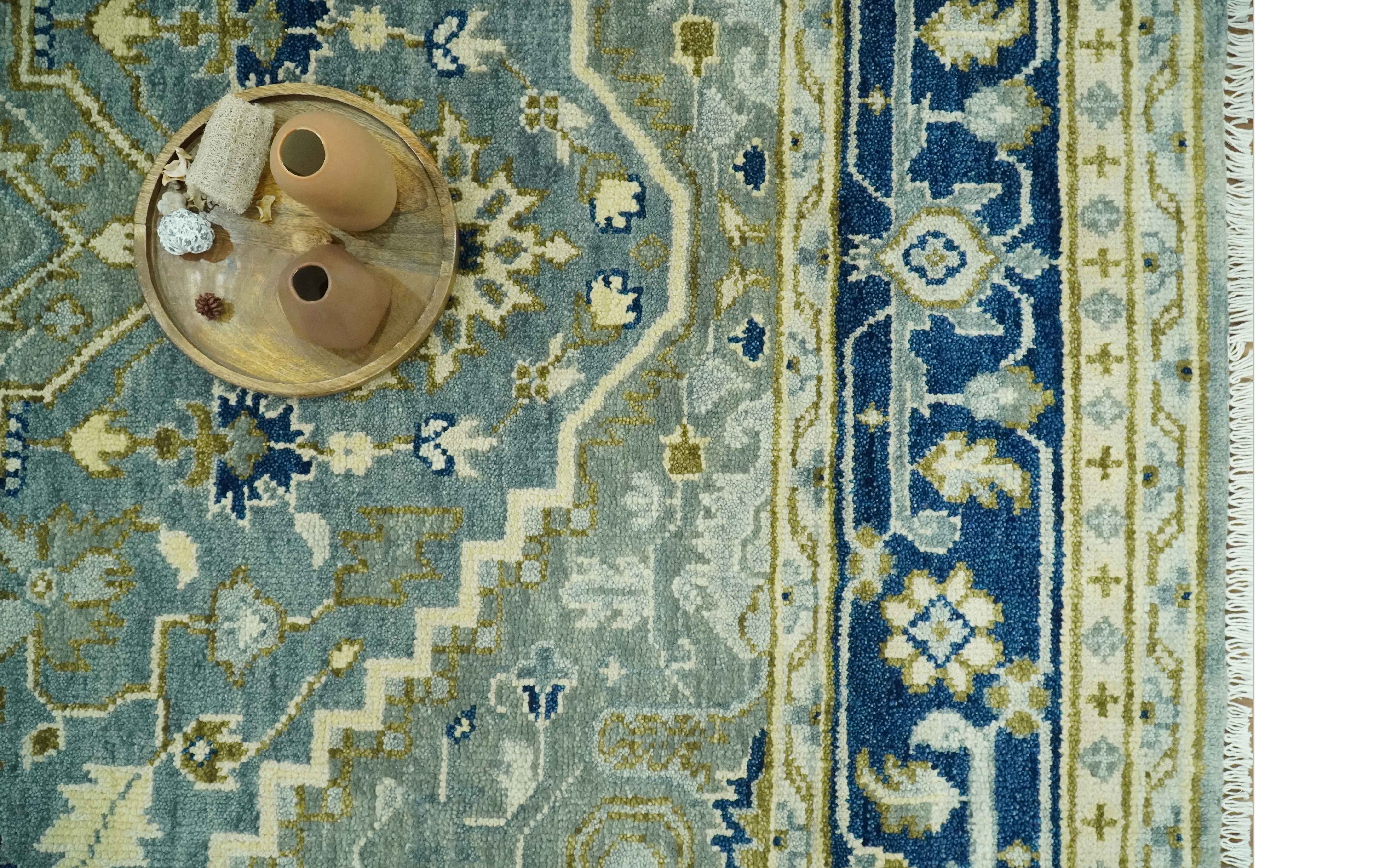 Antique Design Gray, Olive and Blue Traditional Hand Knotted Custom Made Wool Rug