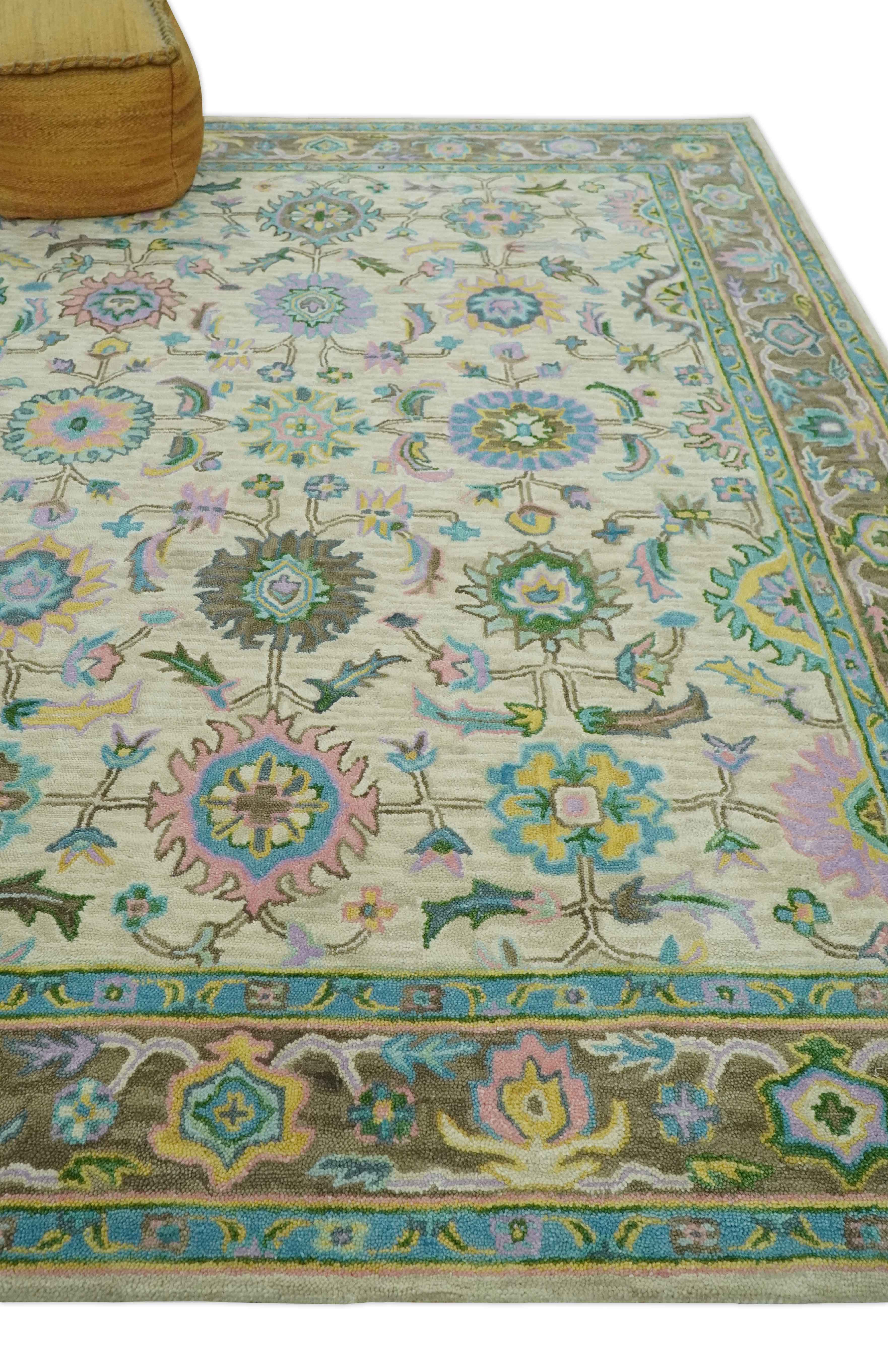 Floral Beige, Blue and Purple Traditional Hand Tufted Custom Made Wool Rug