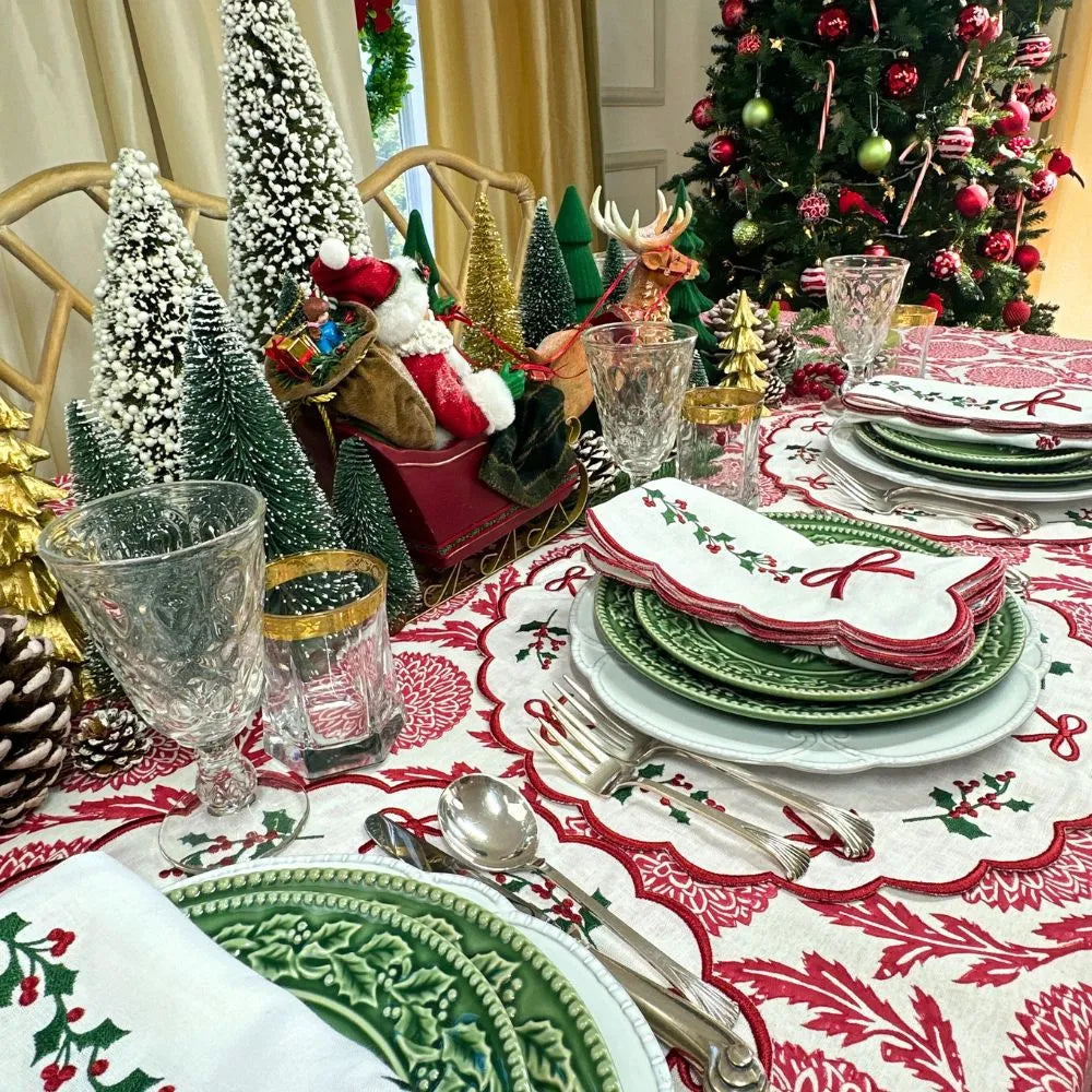 Holly & Bows Green and Red Embroidered Linen Placemat (Set of 4)