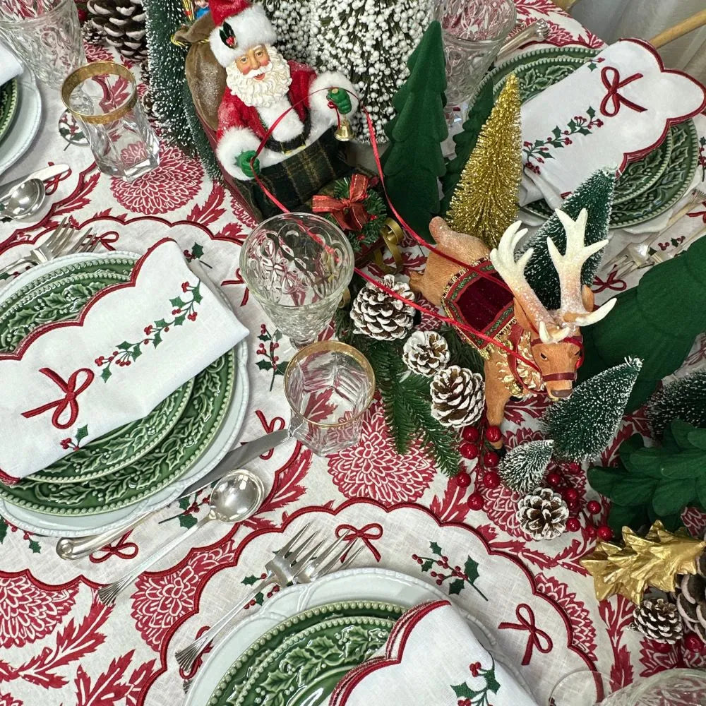 Holly & Bows Green and Red Embroidered Linen Placemat (Set of 4)