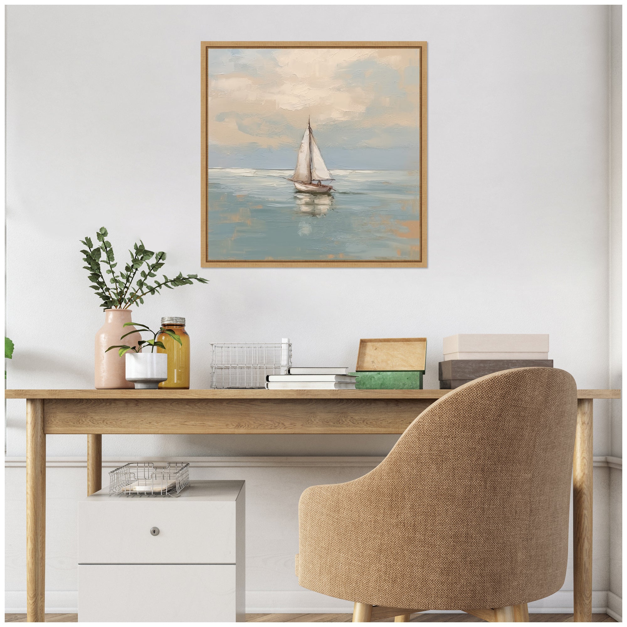Sylvie Calm Pastel Sailboat Landscape Framed Canvas by The Creative Bunch Studio