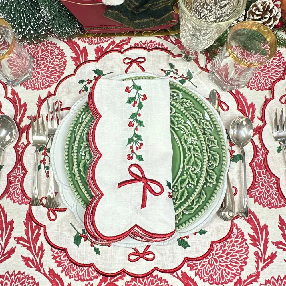 Holly & Bows Green and Red Embroidered Linen Placemat (Set of 4)