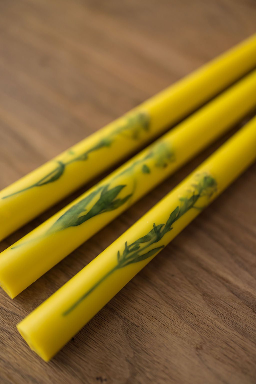 Floral Inlaid Tapered Candles in Yellow- Set of 3