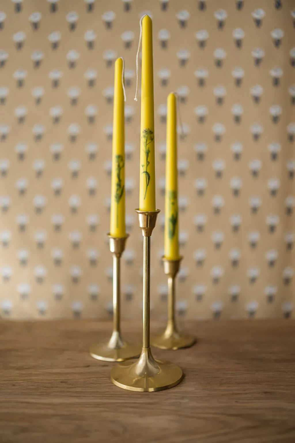 Floral Inlaid Tapered Candles in Yellow- Set of 3 - The Mayfair Hall