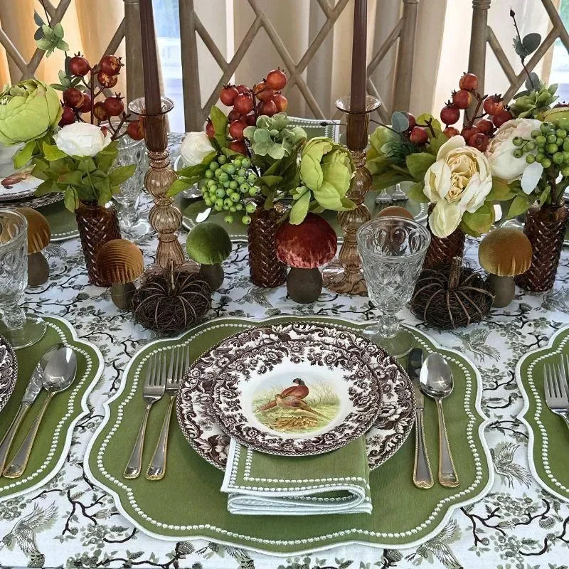 Toile de Jouy Birds Cotton Tablecloth in Sage - The Mayfair Hall