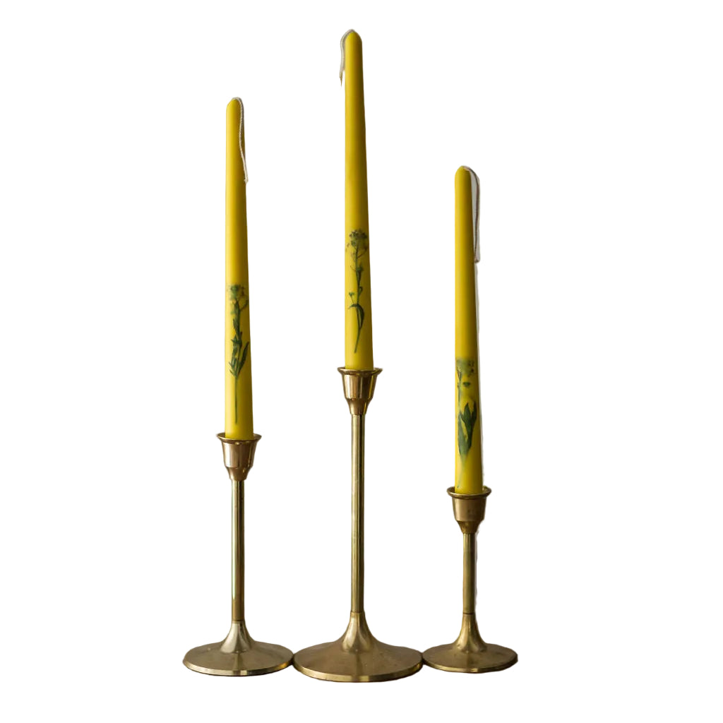 Floral Inlaid Tapered Candles in Yellow- Set of 3