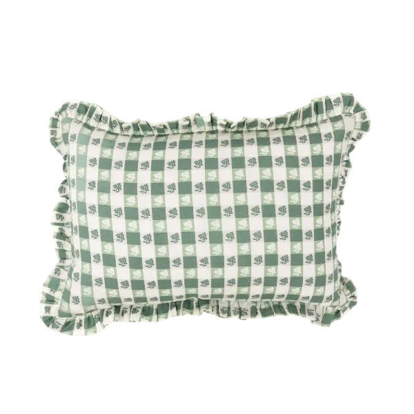 Virginia Stripe Green Ruffled Lumbar Pillow by Trudie — 14″ × 20″