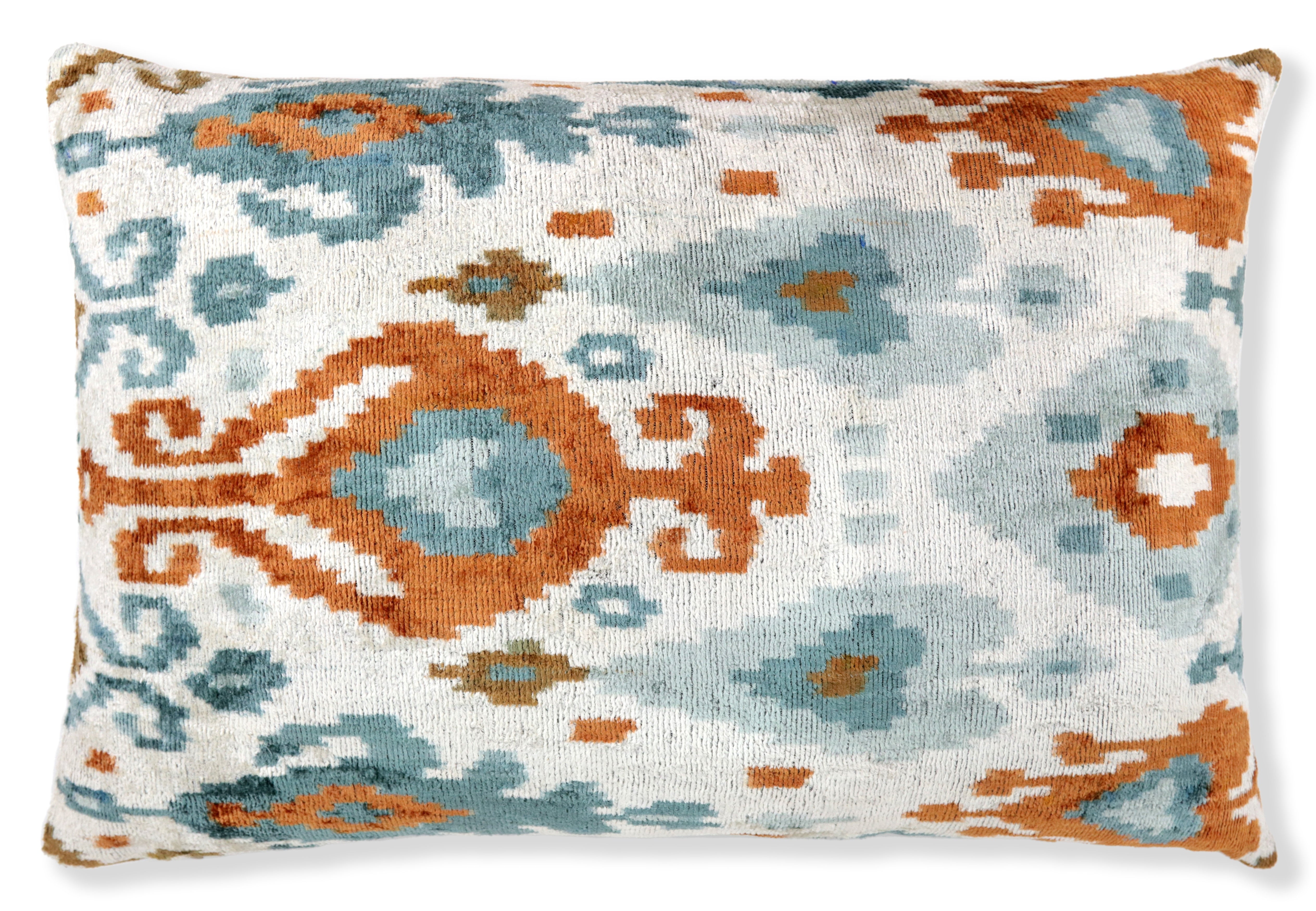 Luxury Blue Trellis Silk Velvet Throw Pillow | 16x24 Ikat Design Handmade in California