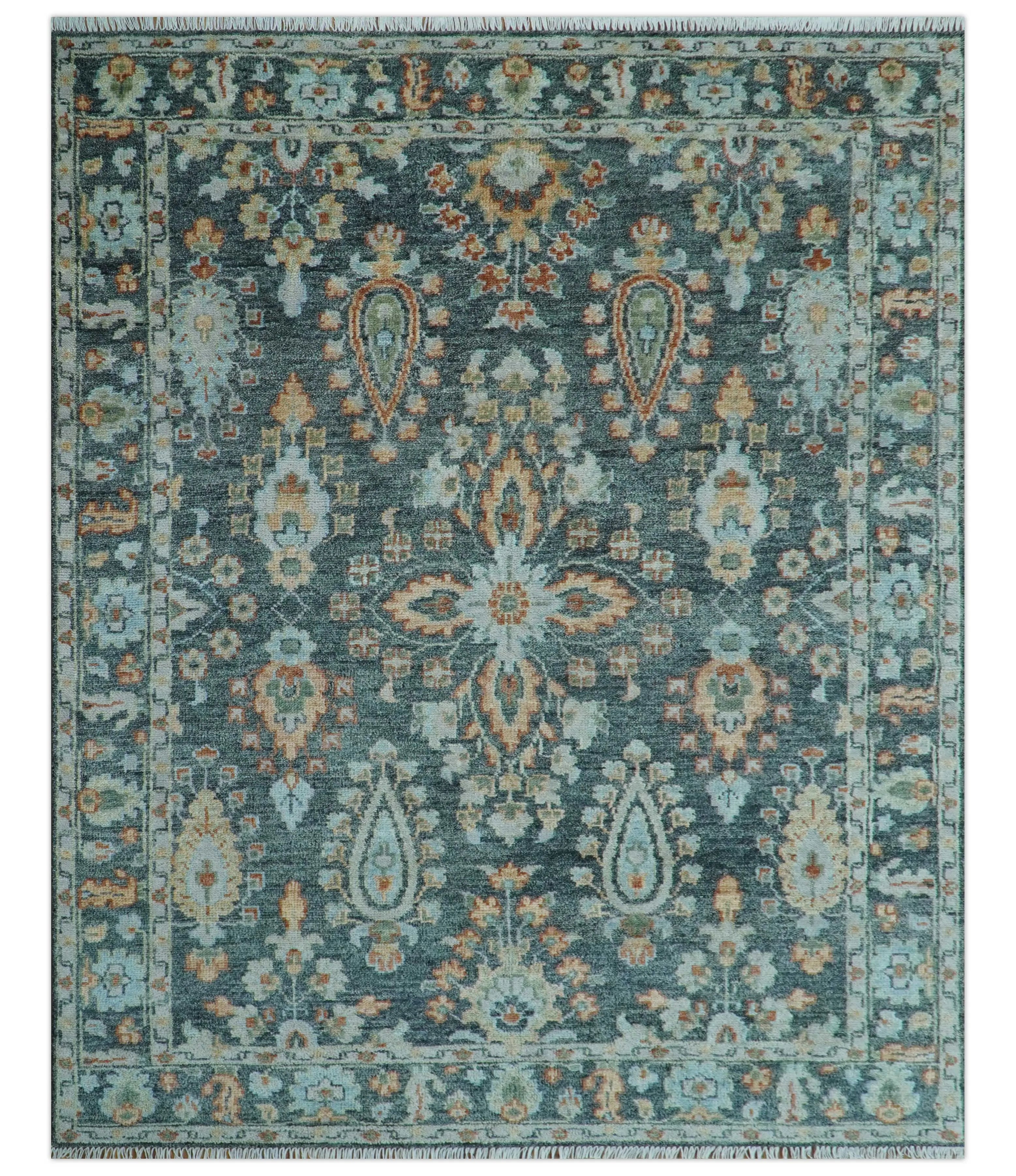 Custom Made Antique Hand Knotted Charcoal and Blue Traditional Oushak Design Wool Rug