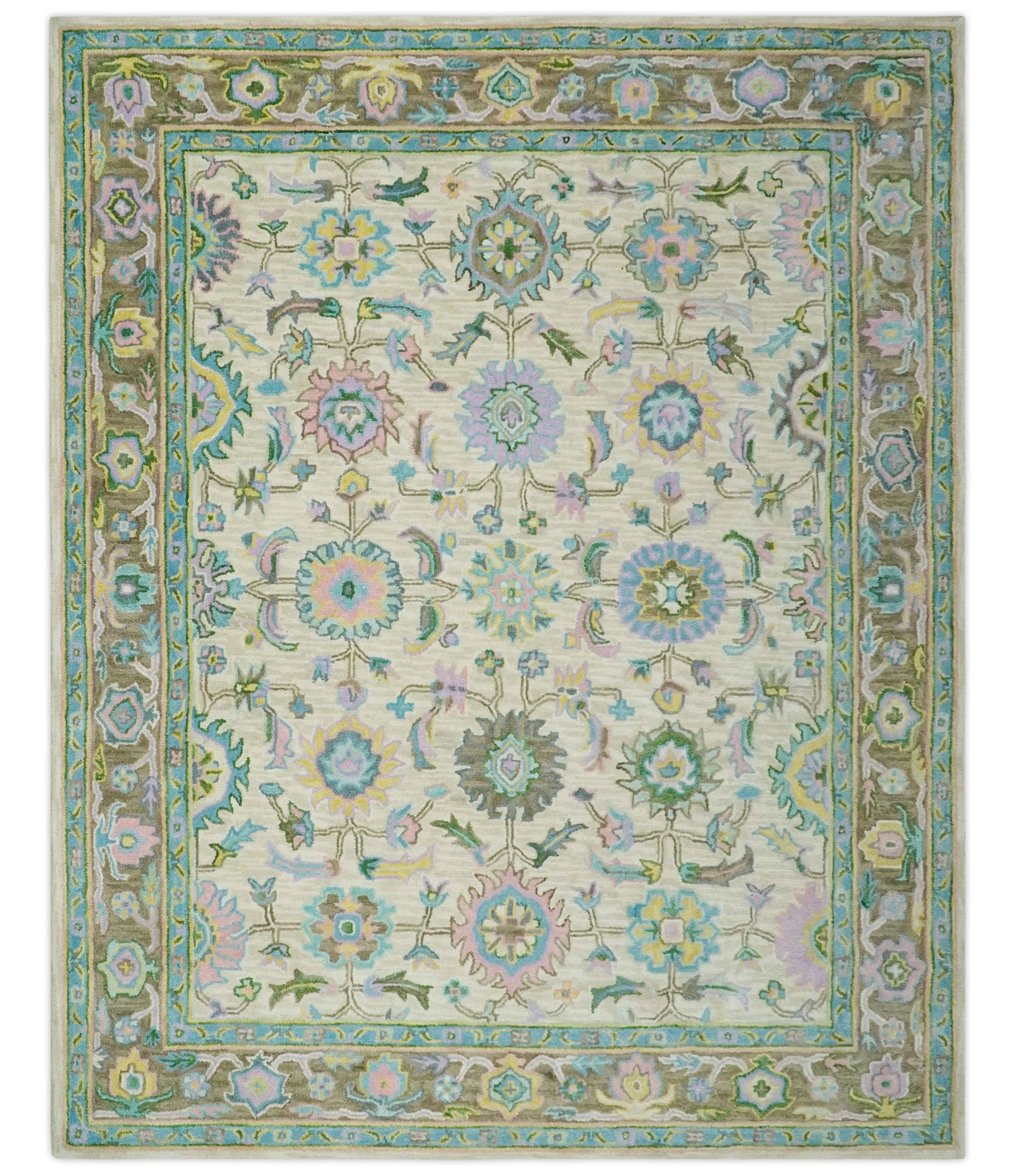 Floral Beige, Blue, and Purple Traditional Hand Tufted Custom Made Wool Rug