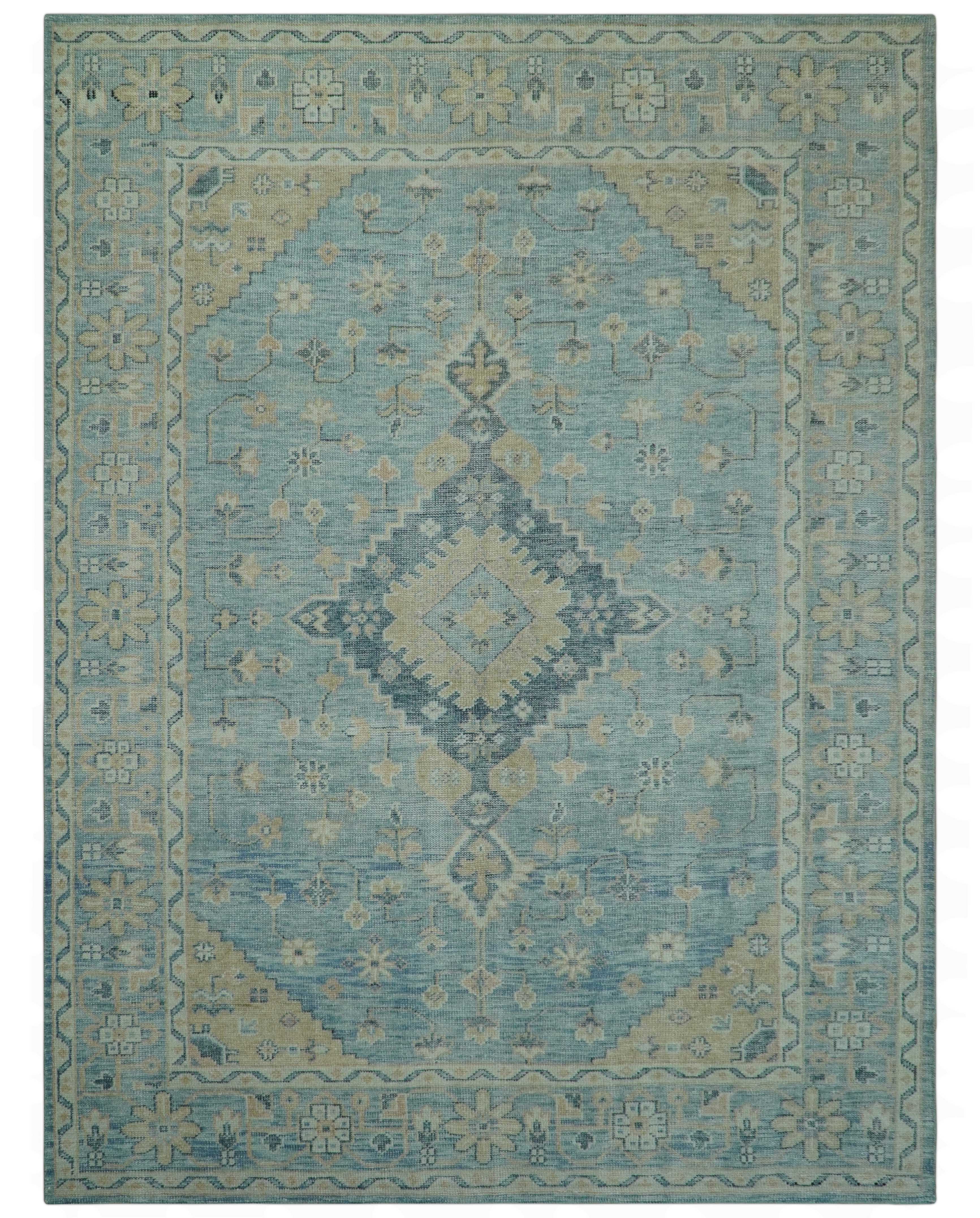 Traditional Turkish Design Blue And Beige Hand Knotted Wool Area Rug